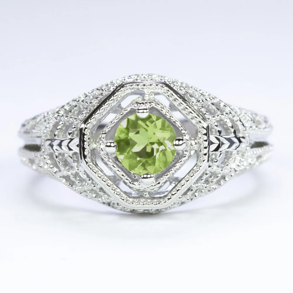 PERIDOT STERLING SILVER RING VINTAGE STYLE SOLITAIRE FILIGREE ROUND ART DECO