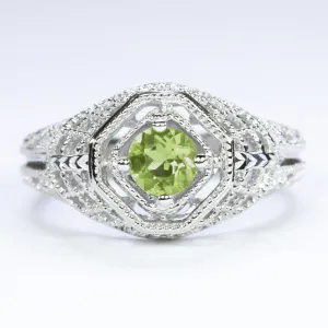 PERIDOT STERLING SILVER RING VINTAGE STYLE SOLITAIRE FILIGREE ROUND ART DECO