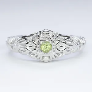 PERIDOT VINTAGE STYLE COCKTAIL RING STERLING SILVER FILIGREE DAINTY ROUND GREEN