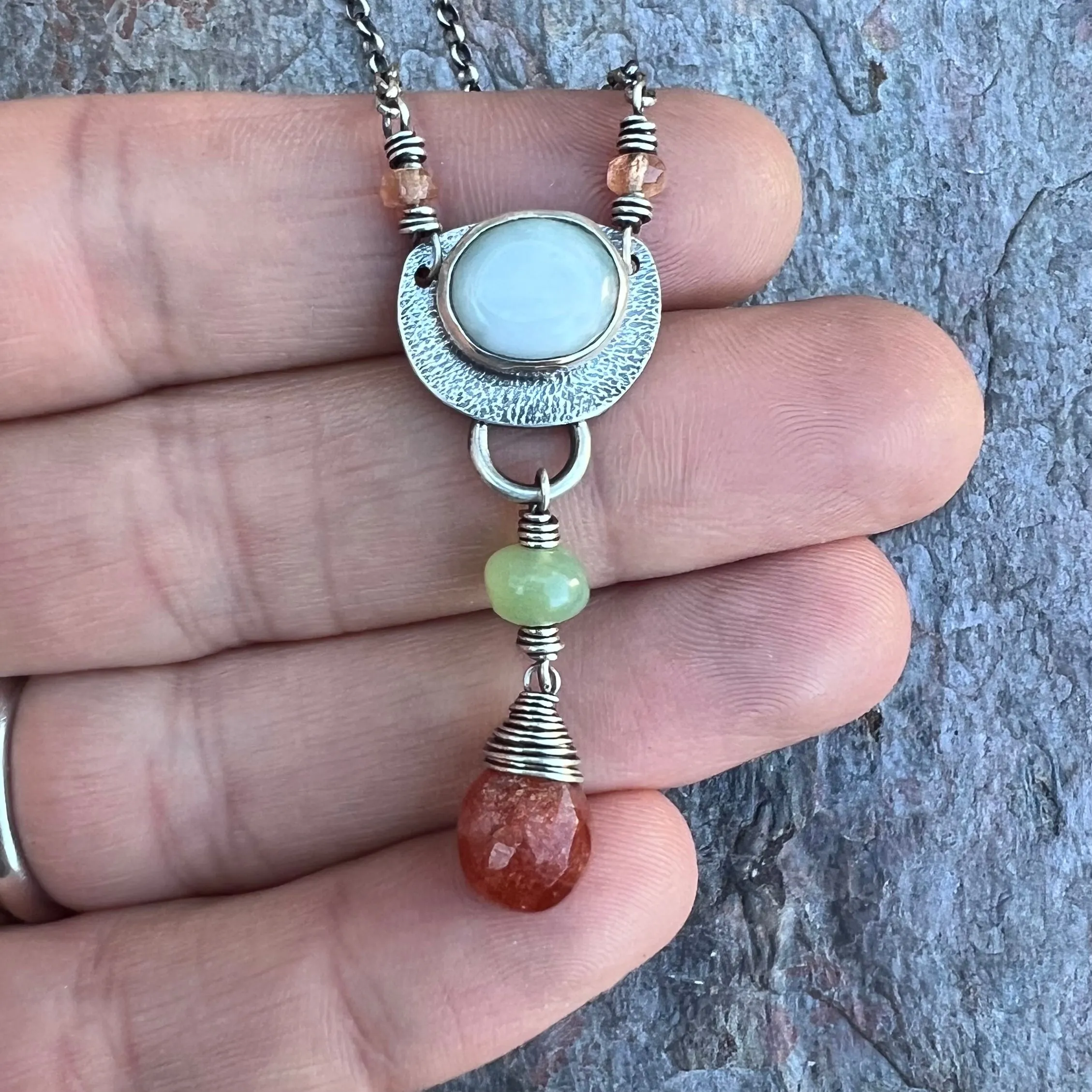 Peruvian Opal and Sunstone Sterling Silver Necklace - Handmade Pendant on Sterling Silver Chain