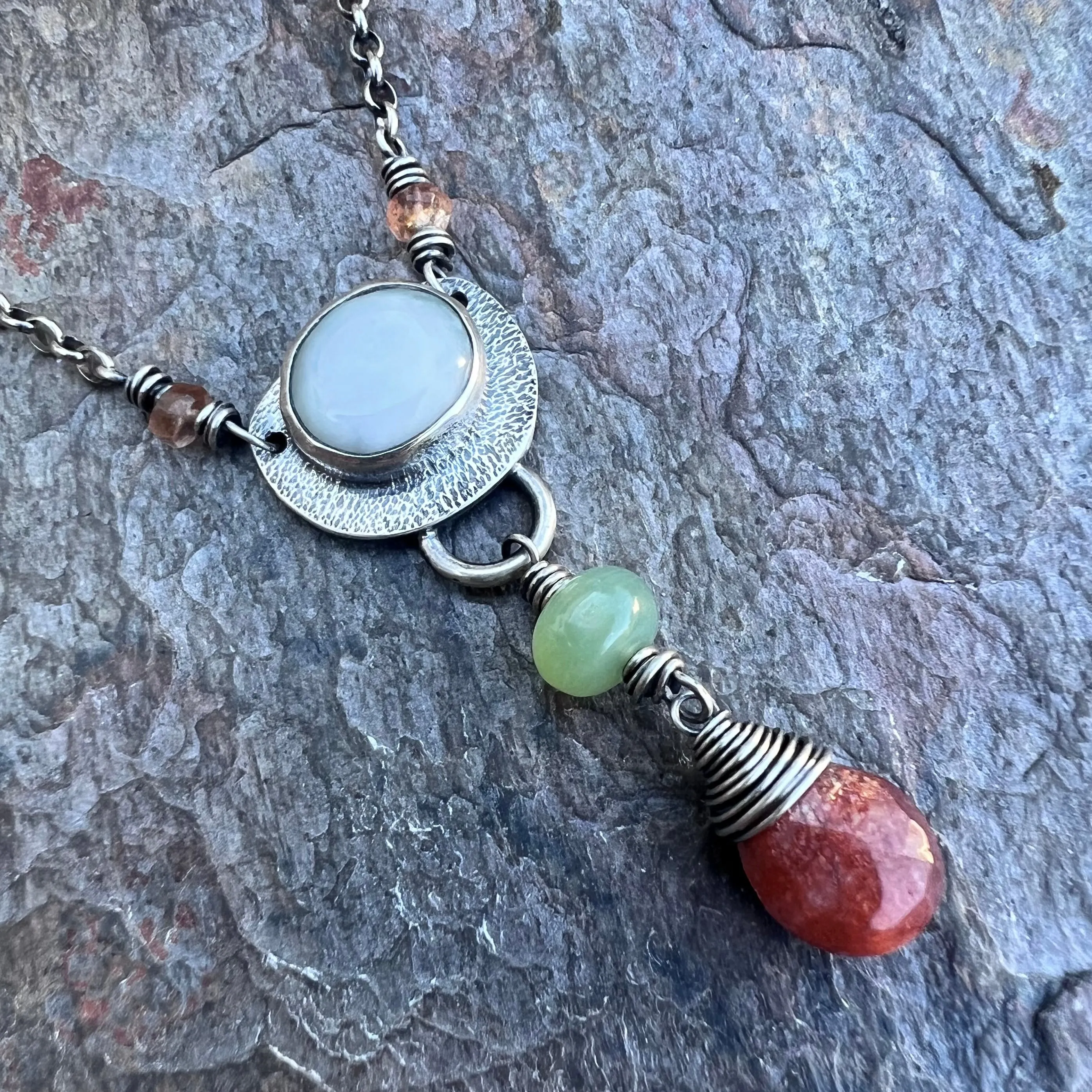 Peruvian Opal and Sunstone Sterling Silver Necklace - Handmade Pendant on Sterling Silver Chain