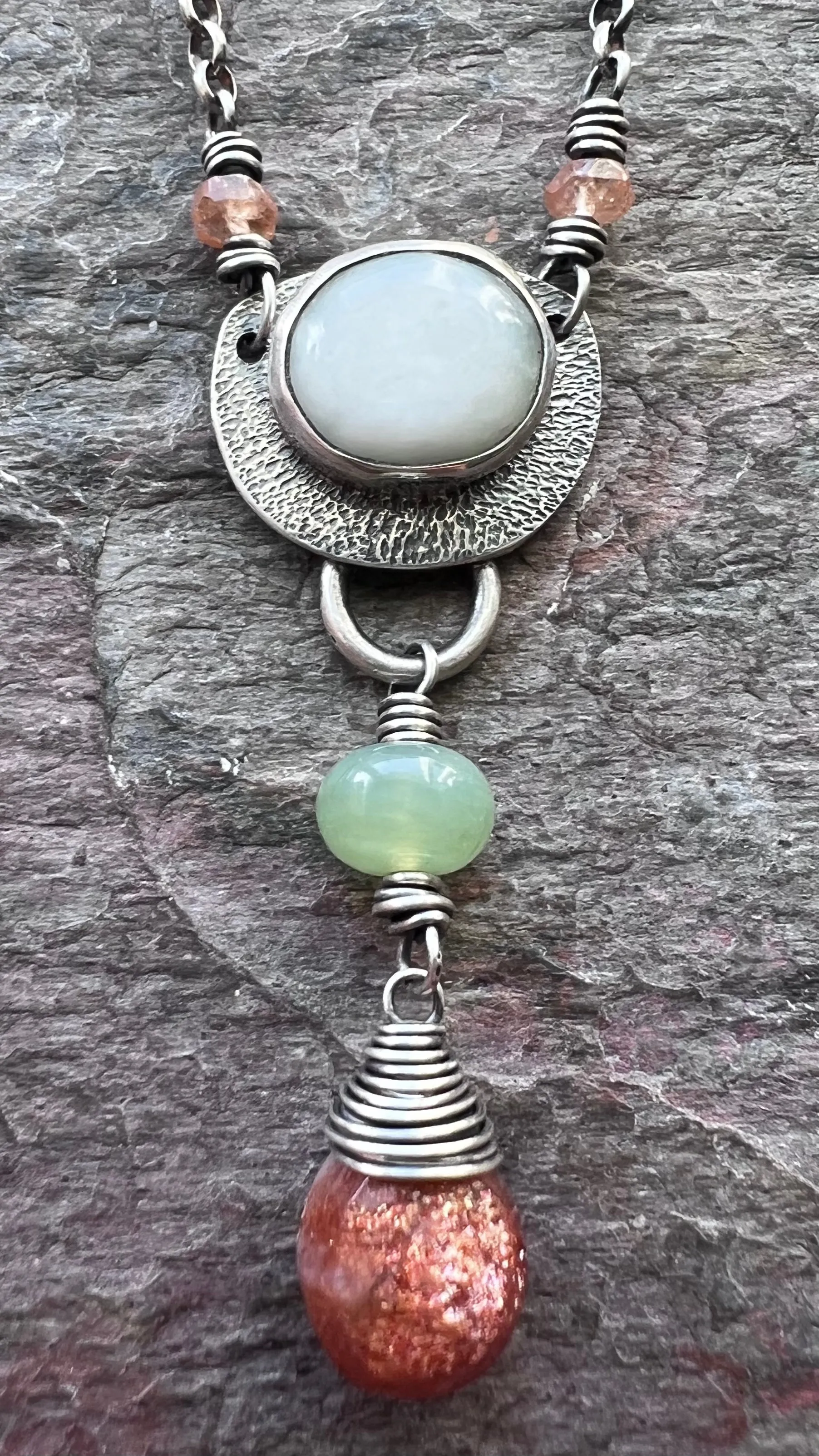 Peruvian Opal and Sunstone Sterling Silver Necklace - Handmade Pendant on Sterling Silver Chain