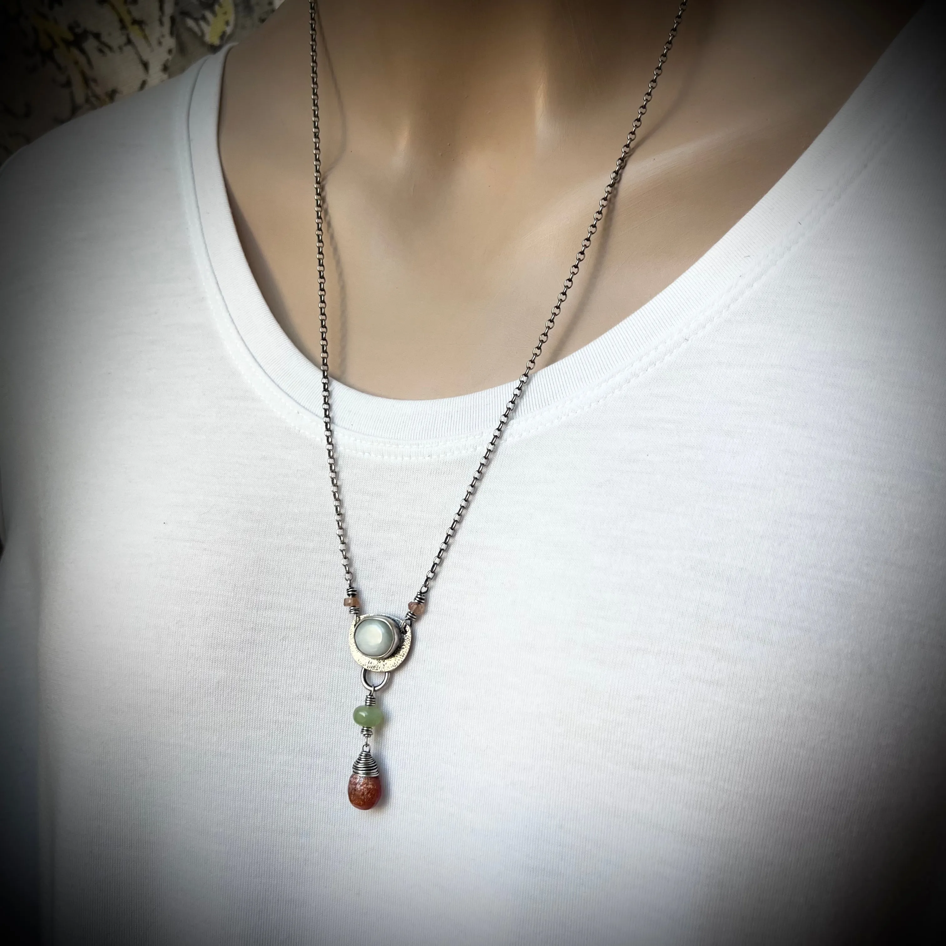 Peruvian Opal and Sunstone Sterling Silver Necklace - Handmade Pendant on Sterling Silver Chain
