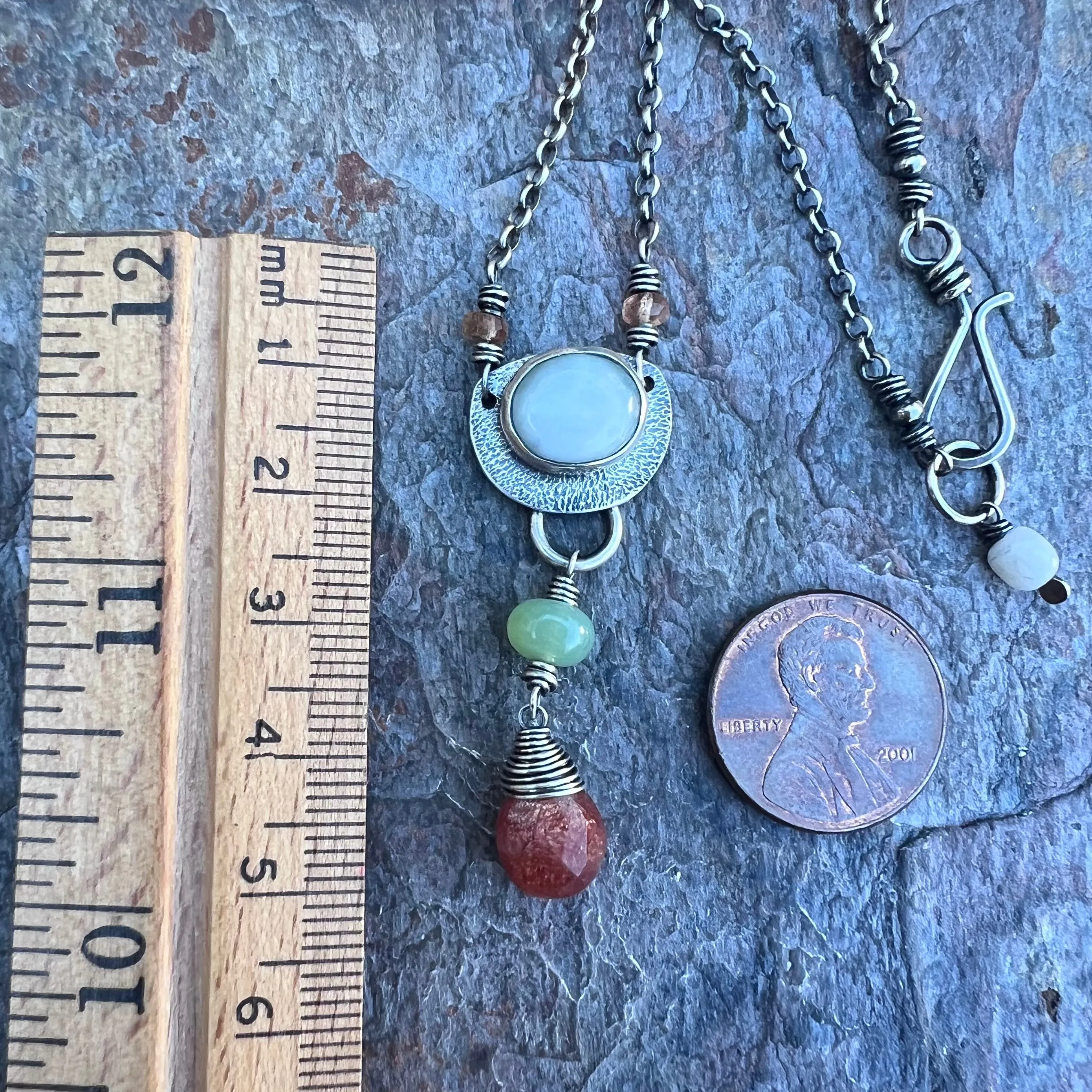 Peruvian Opal and Sunstone Sterling Silver Necklace - Handmade Pendant on Sterling Silver Chain