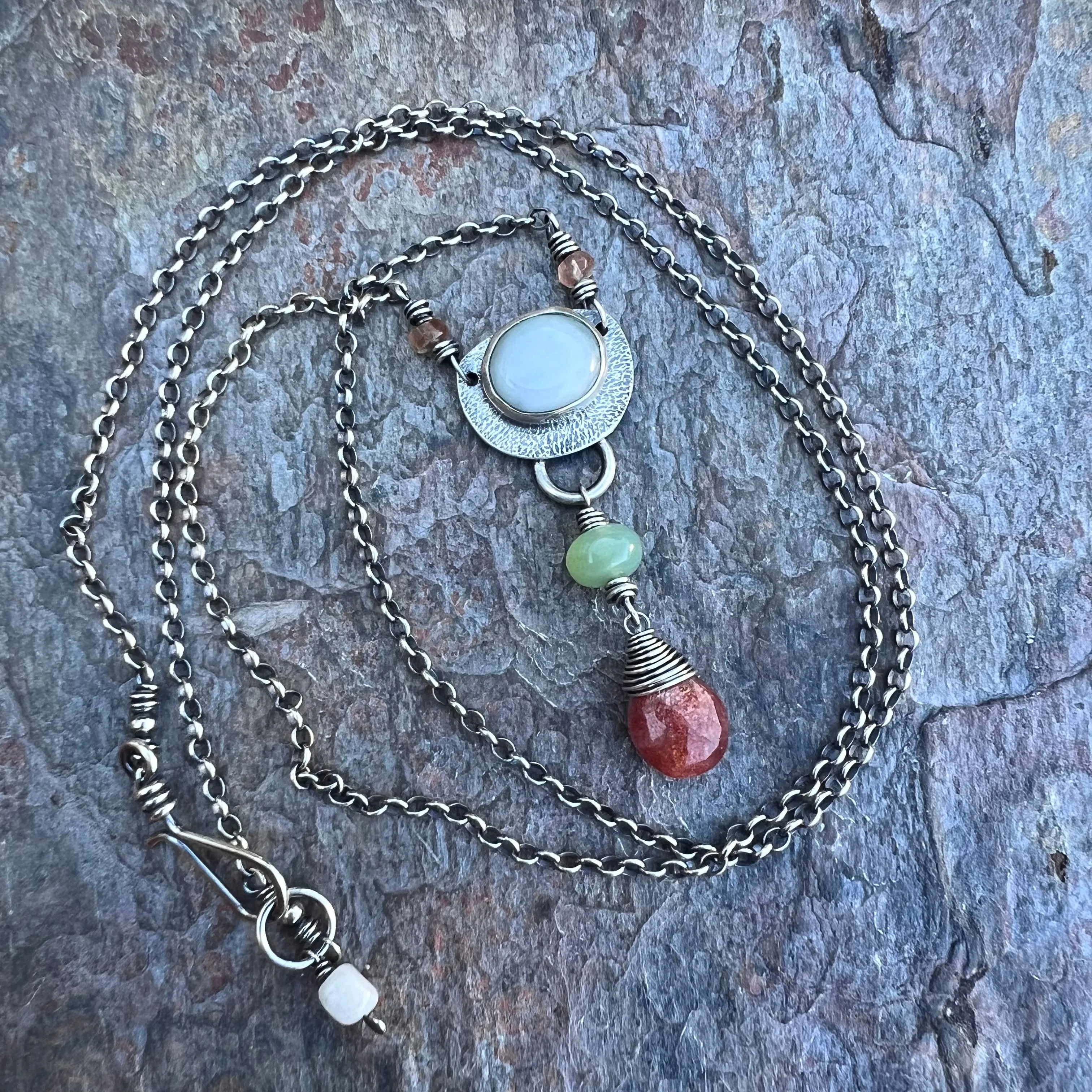 Peruvian Opal and Sunstone Sterling Silver Necklace - Handmade Pendant on Sterling Silver Chain