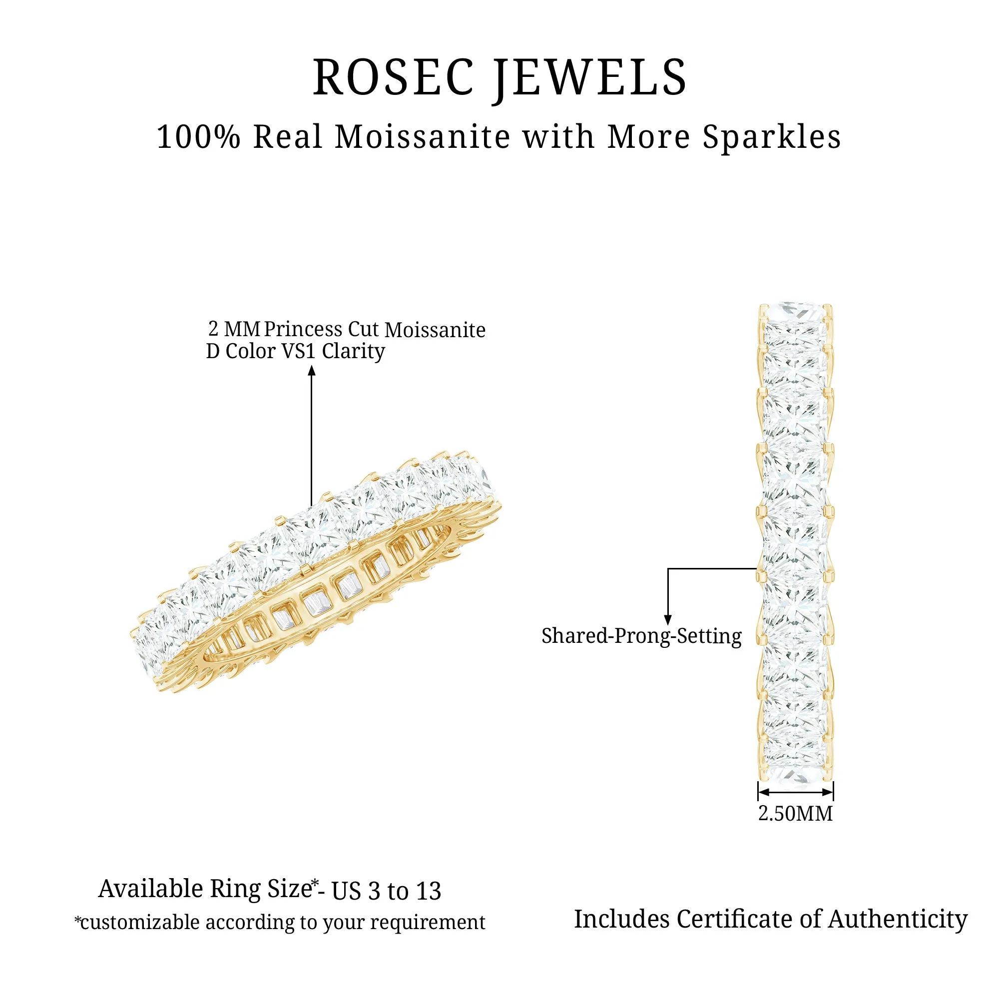 Princess Cut Moissanite Stackable Eternity Band Ring in Gold