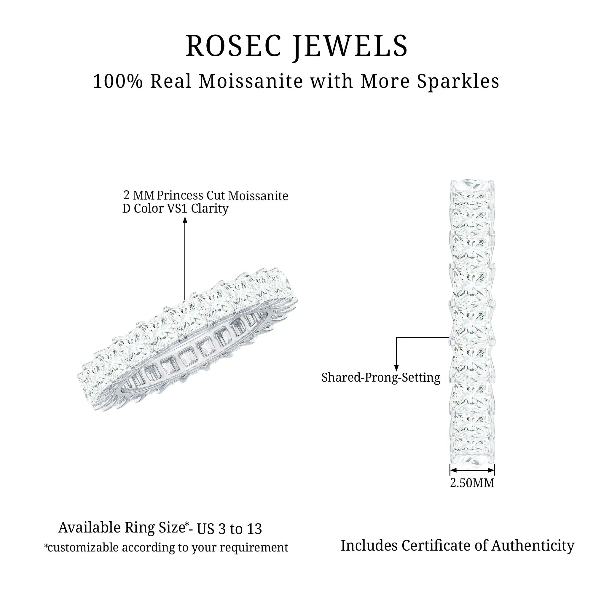 Princess Cut Moissanite Stackable Eternity Band Ring in Gold