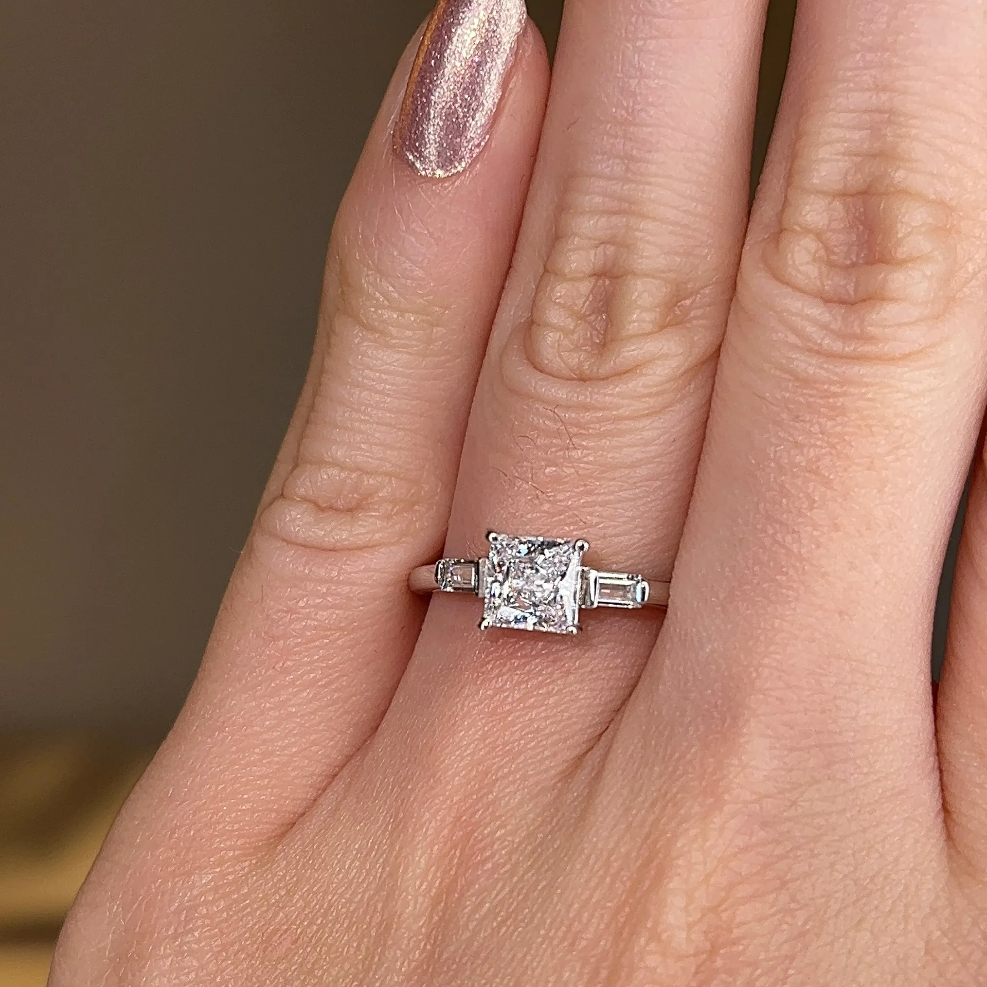 "Darcy" Three Stone Princess Cut with Tapered Baguette Cut Diamond Trilogy Engagement Ring 3SPC03