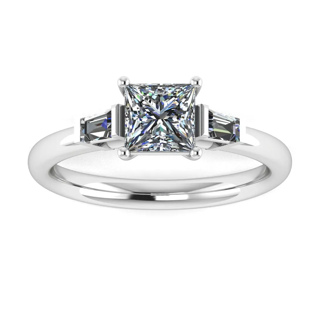 "Darcy" Three Stone Princess Cut with Tapered Baguette Cut Diamond Trilogy Engagement Ring 3SPC03