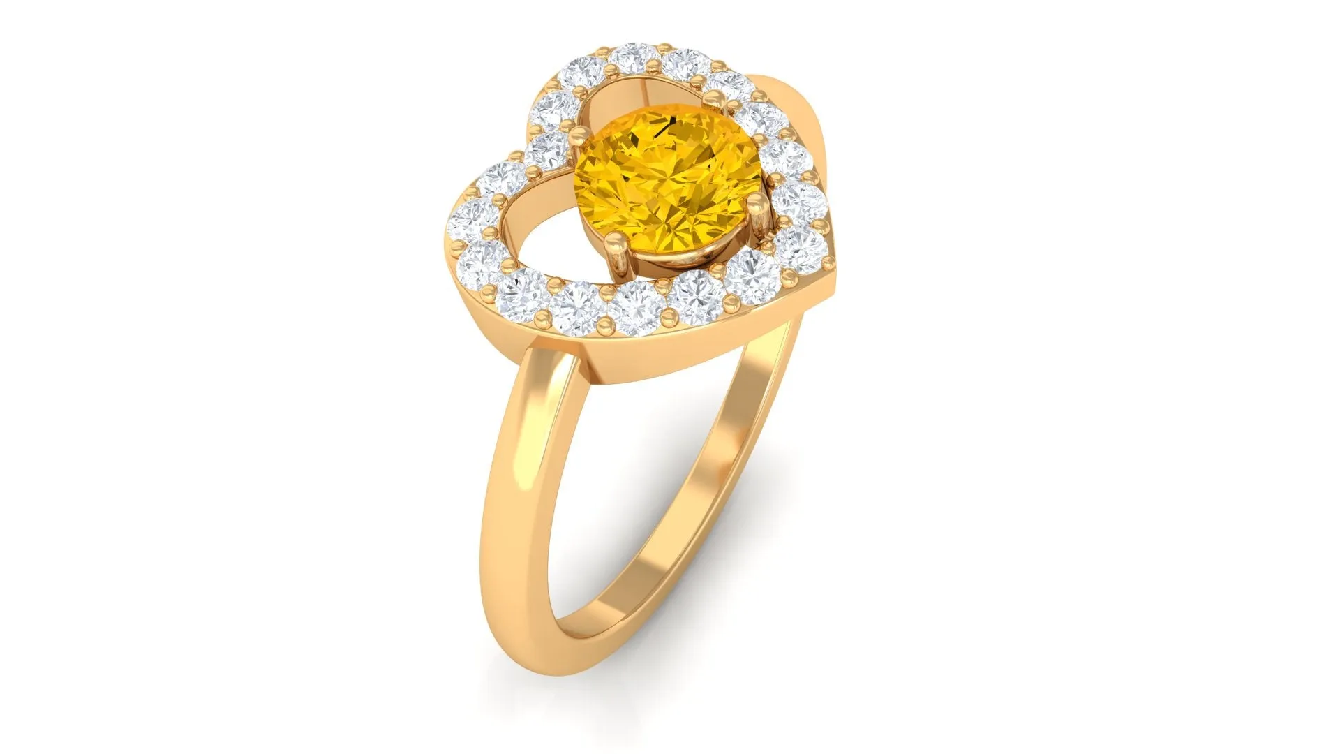 Real Yellow Sapphire and Diamond Halo Heart Ring