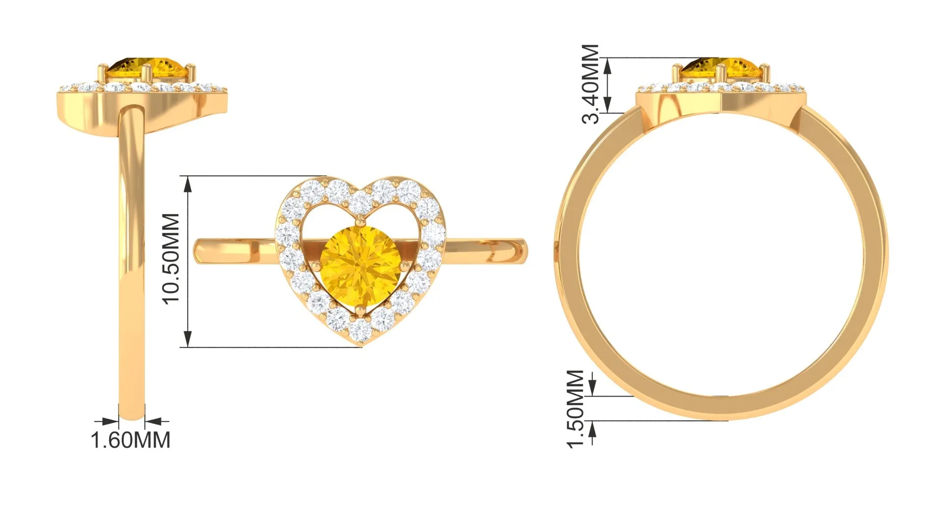 Real Yellow Sapphire and Diamond Halo Heart Ring