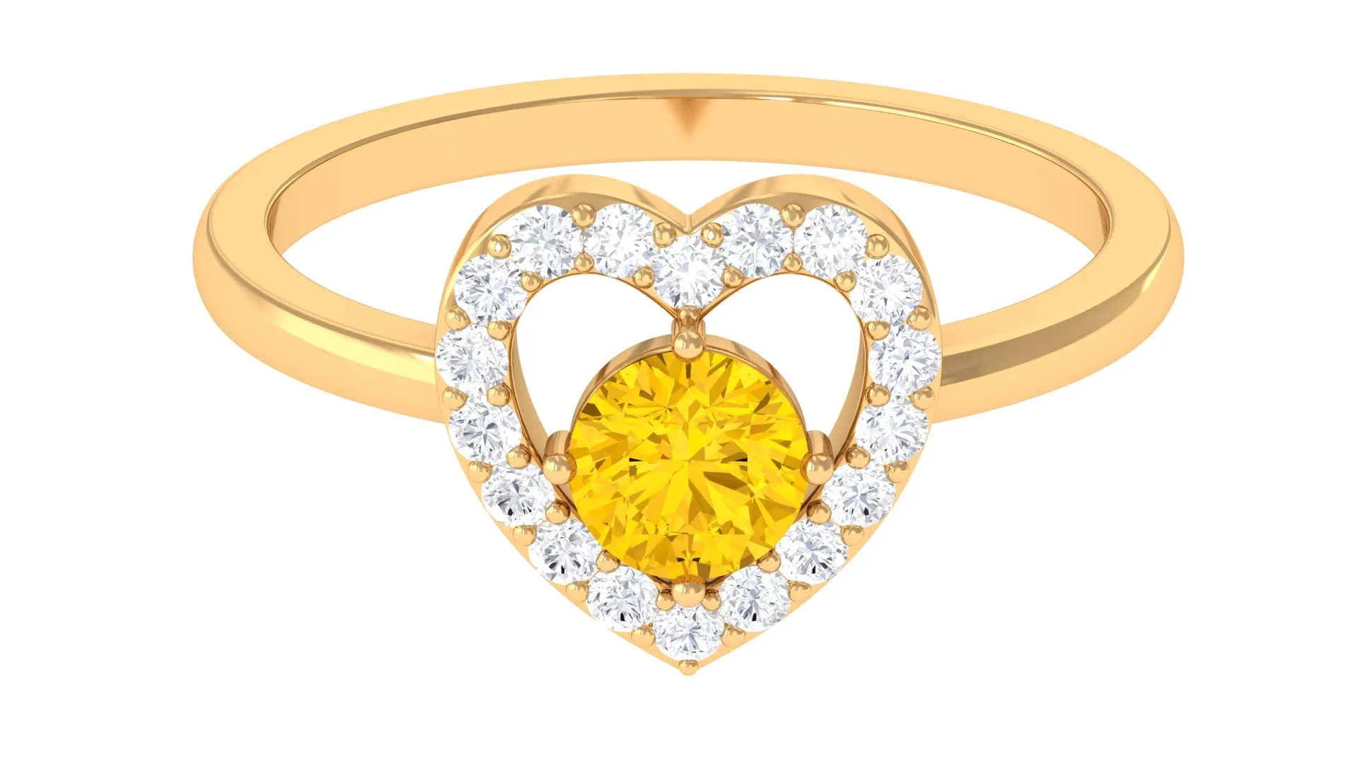 Real Yellow Sapphire and Diamond Halo Heart Ring