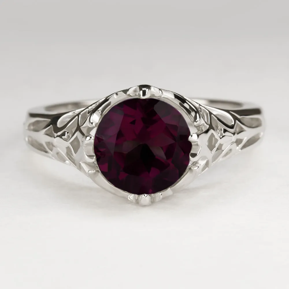 RHODOLITE GARNET STERLING SILVER RING VINTAGE STYLE SOLITAIRE ART DECO FILIGREE