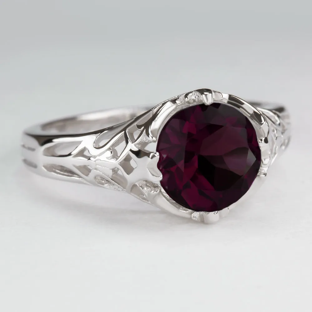 RHODOLITE GARNET STERLING SILVER RING VINTAGE STYLE SOLITAIRE ART DECO FILIGREE