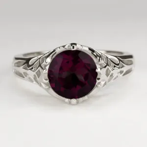 RHODOLITE GARNET STERLING SILVER RING VINTAGE STYLE SOLITAIRE ART DECO FILIGREE