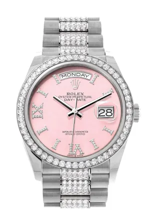 Rolex Day-Date 36 Pink Opal Diamond Dial Diamond Bezel White Gold Diamond President Watch 128349RBR