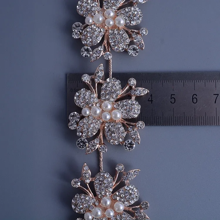 Rose Gold Clear Simulated Pearls Crystal Flowers Bridal Tiara-Crown