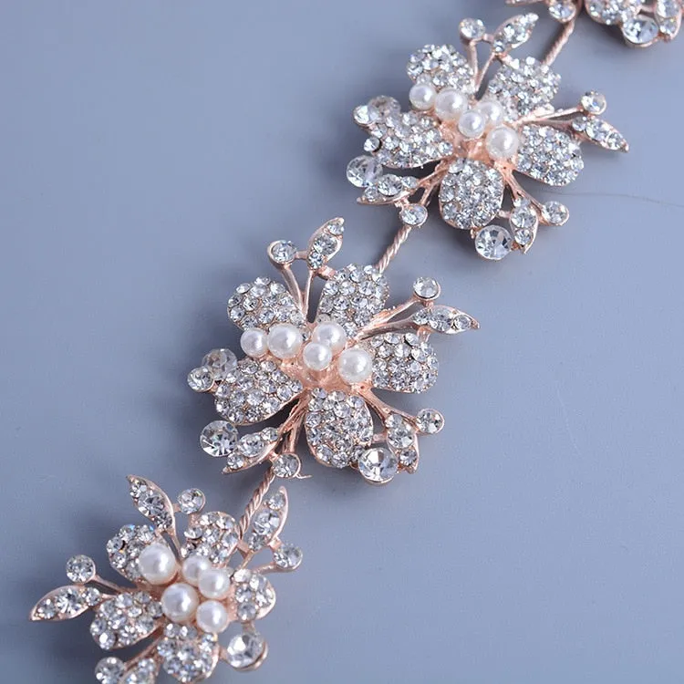 Rose Gold Clear Simulated Pearls Crystal Flowers Bridal Tiara-Crown