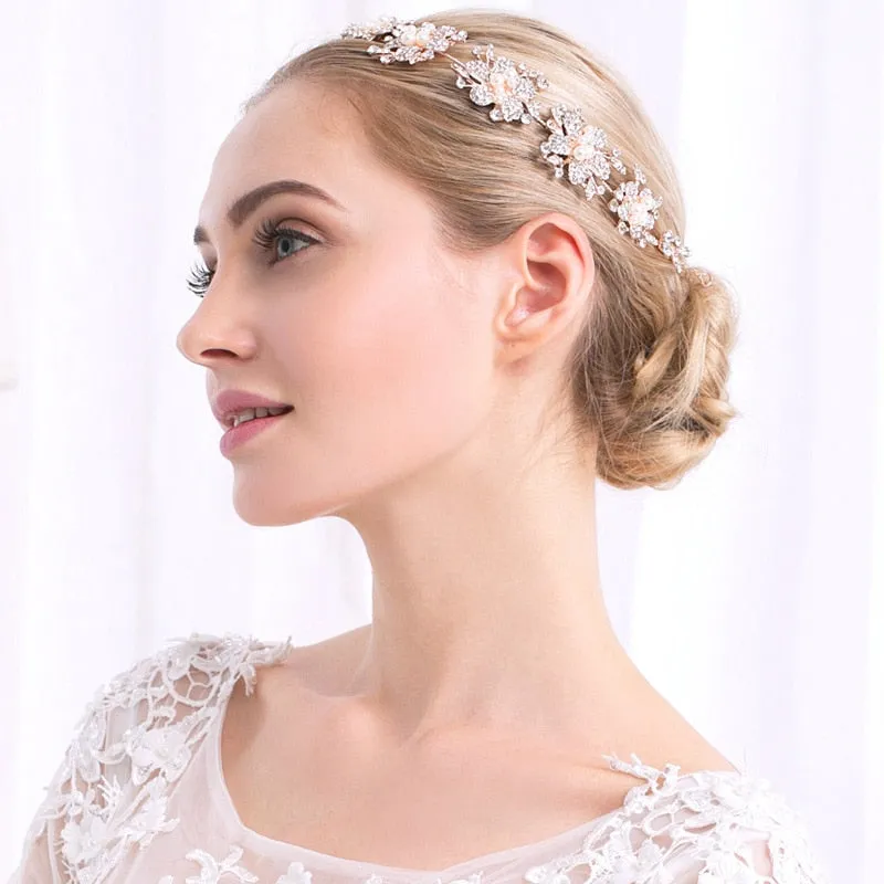 Rose Gold Clear Simulated Pearls Crystal Flowers Bridal Tiara-Crown