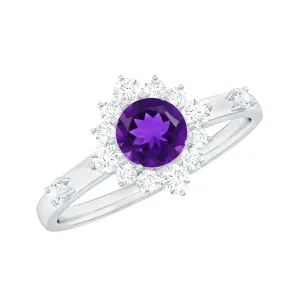 Round Amethyst and Diamond Classic Halo Ring