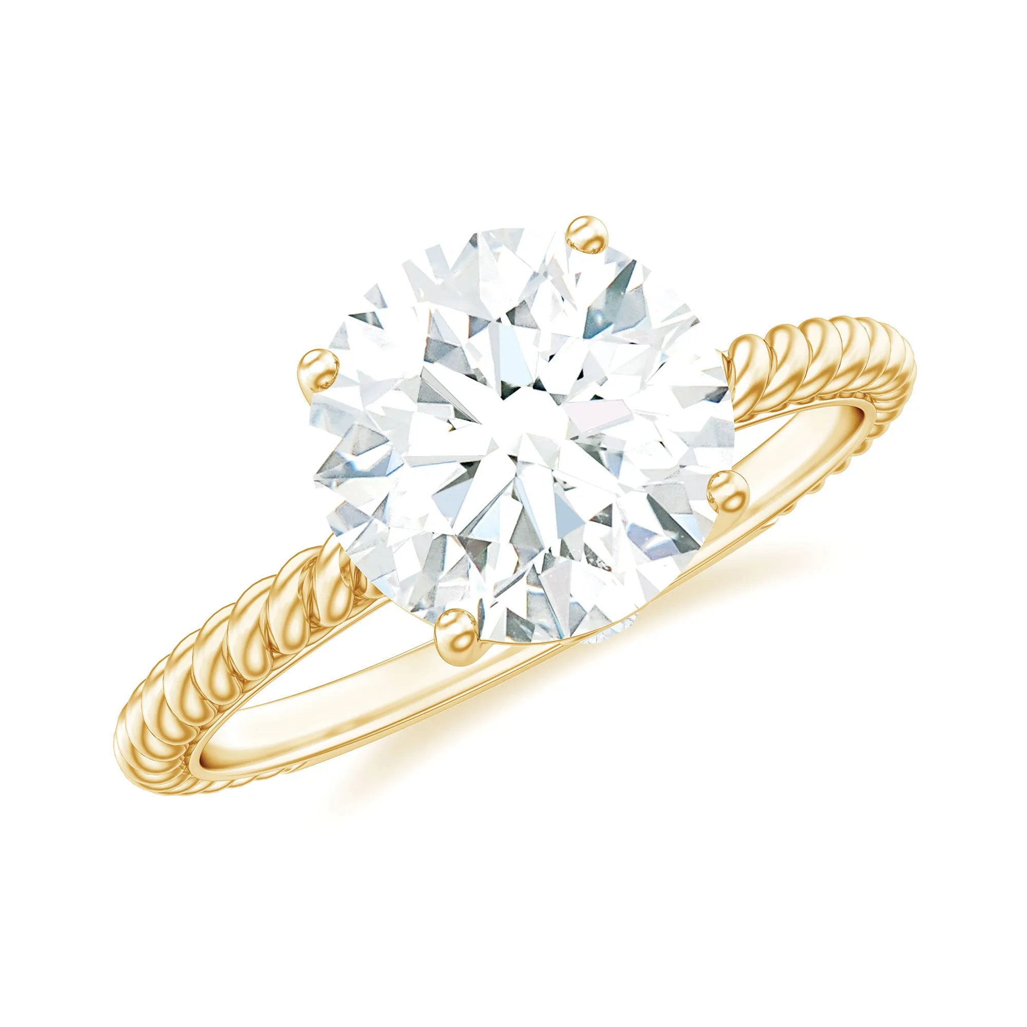 Round Cut Moissanite Solitaire Ring with Gold Twisted Rope