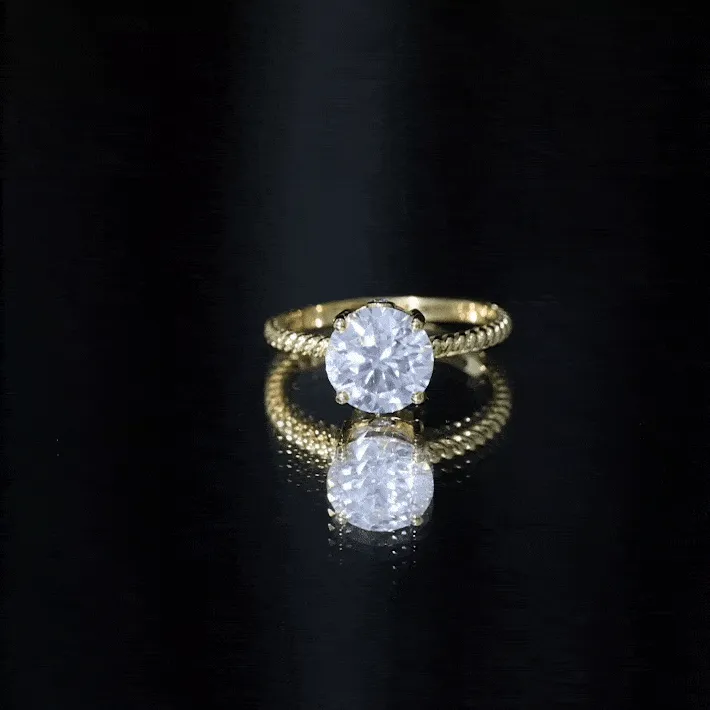 Round Cut Moissanite Solitaire Ring with Gold Twisted Rope