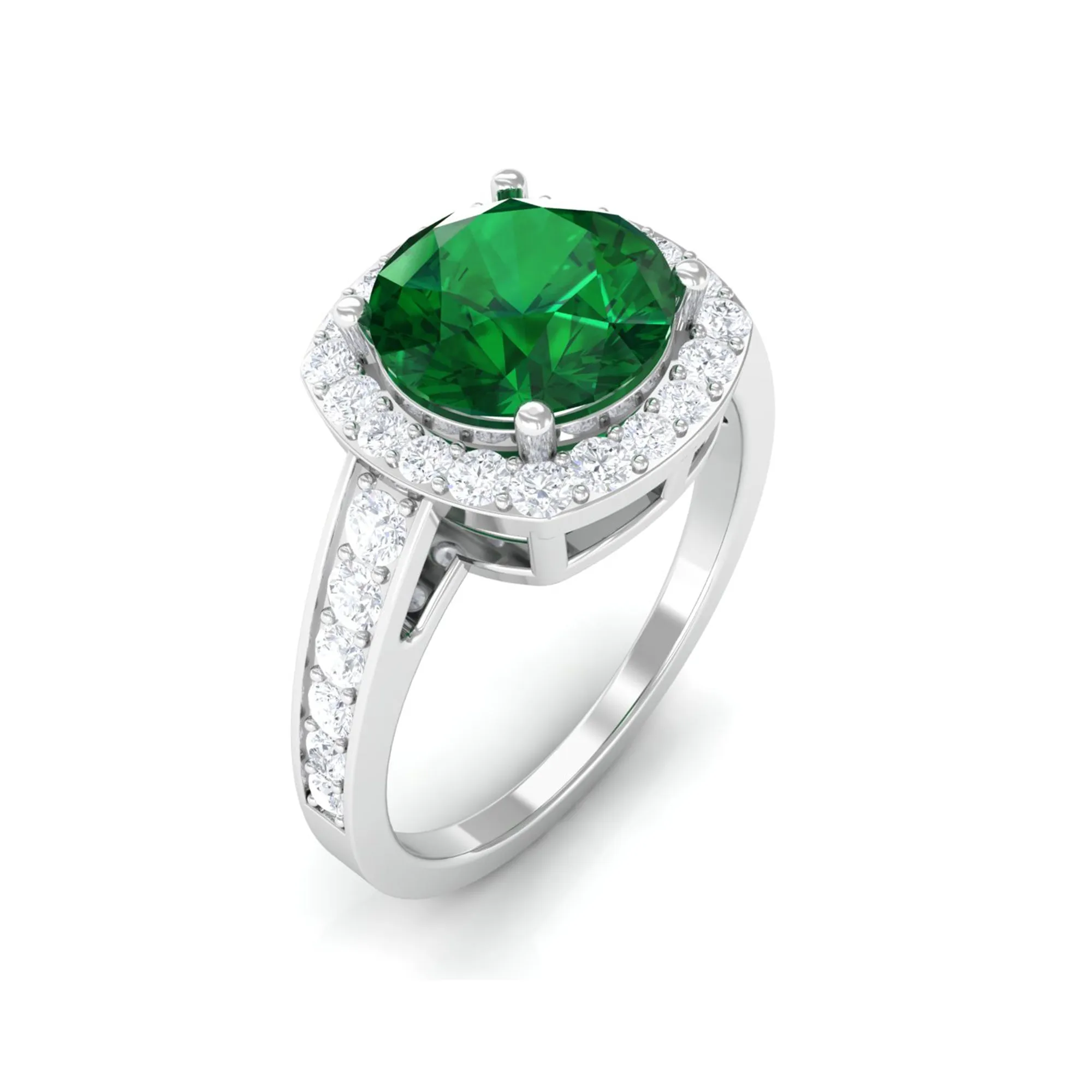 Round Shape Created Emerald Classic Halo Engagement Ring with Diamond