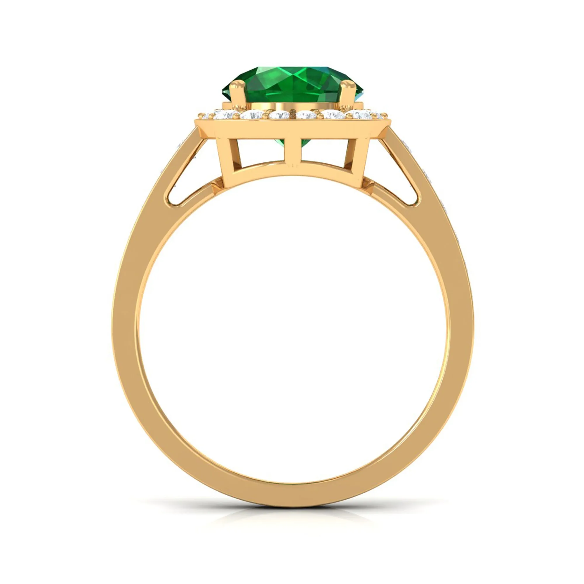 Round Shape Created Emerald Classic Halo Engagement Ring with Diamond