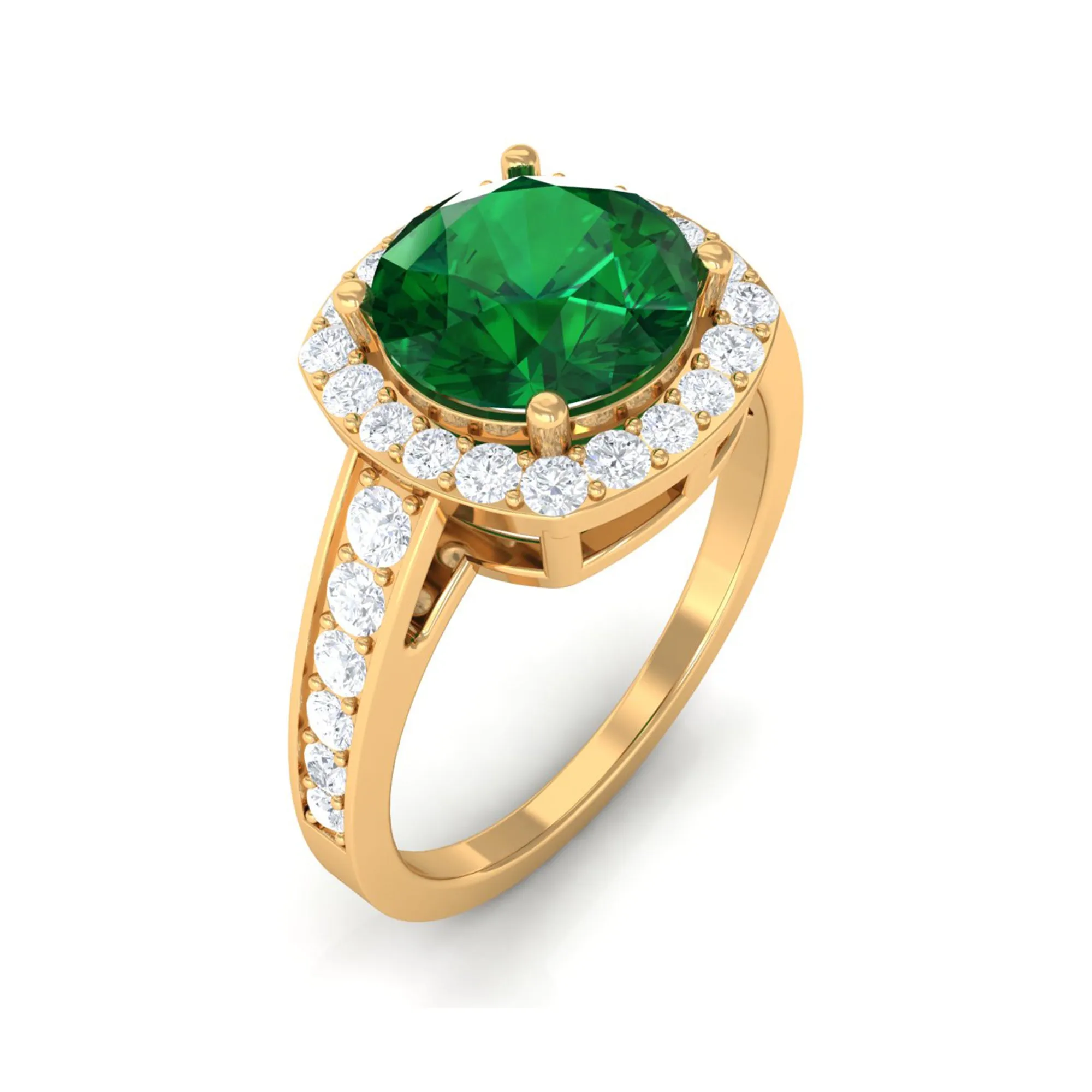 Round Shape Created Emerald Classic Halo Engagement Ring with Diamond