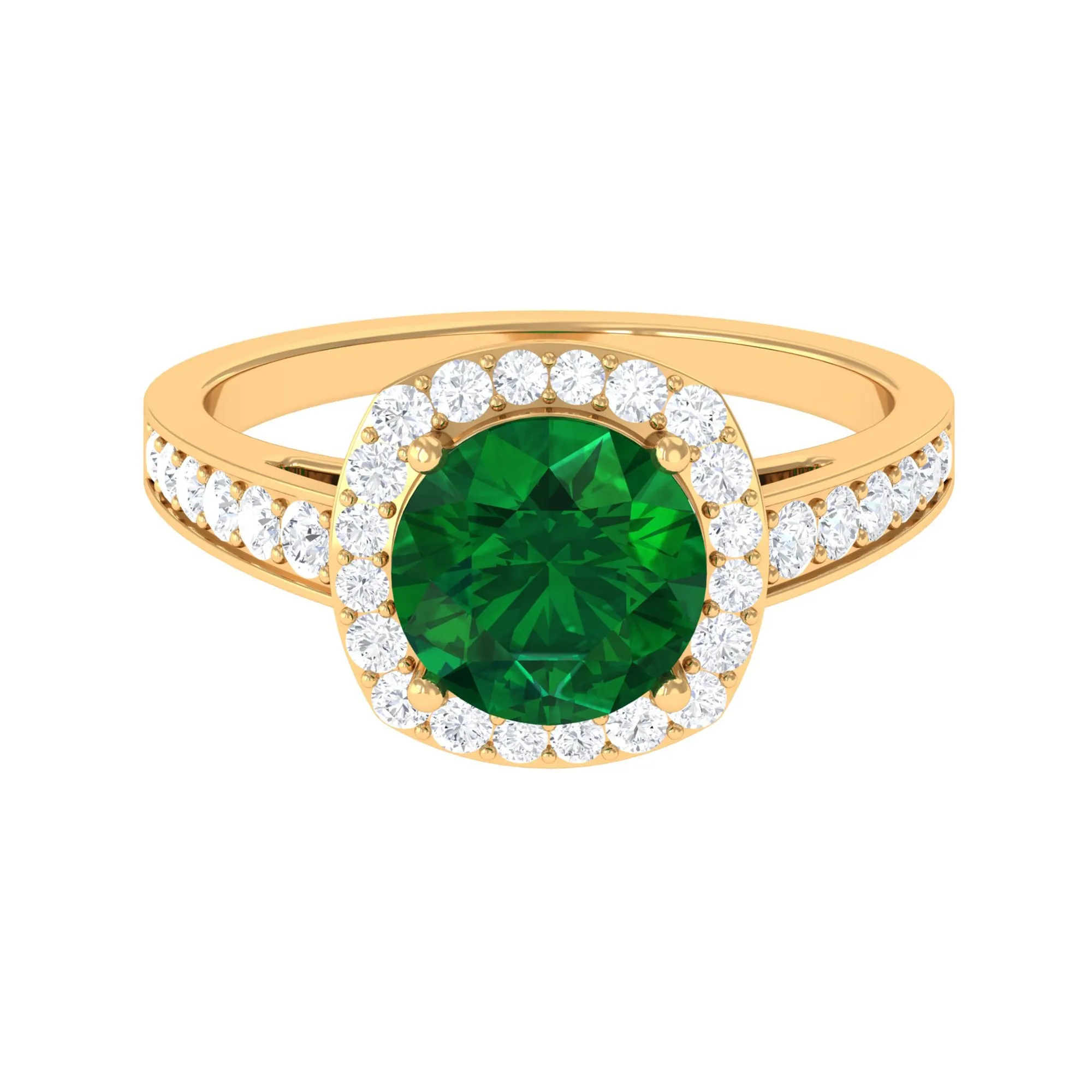 Round Shape Created Emerald Classic Halo Engagement Ring with Diamond