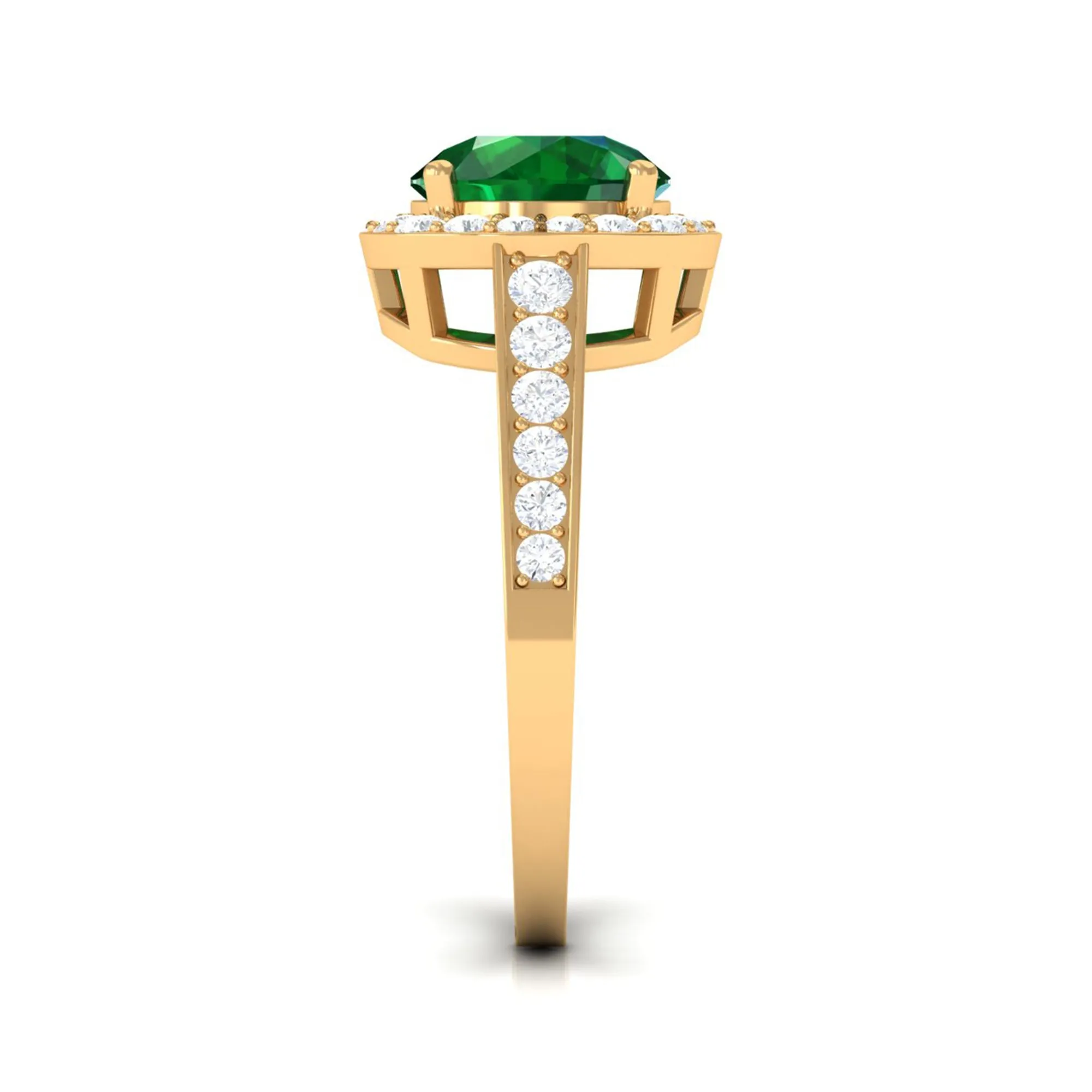 Round Shape Created Emerald Classic Halo Engagement Ring with Diamond