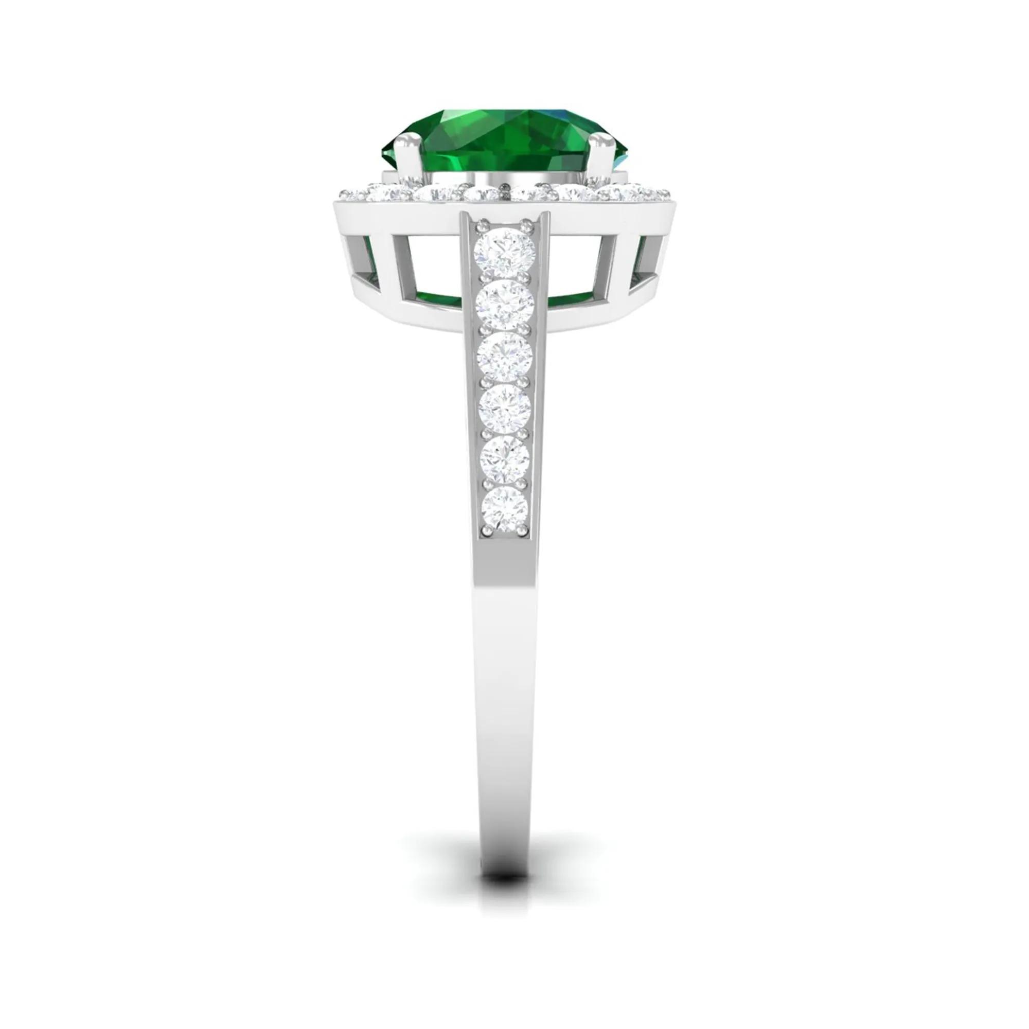 Round Shape Created Emerald Classic Halo Engagement Ring with Diamond