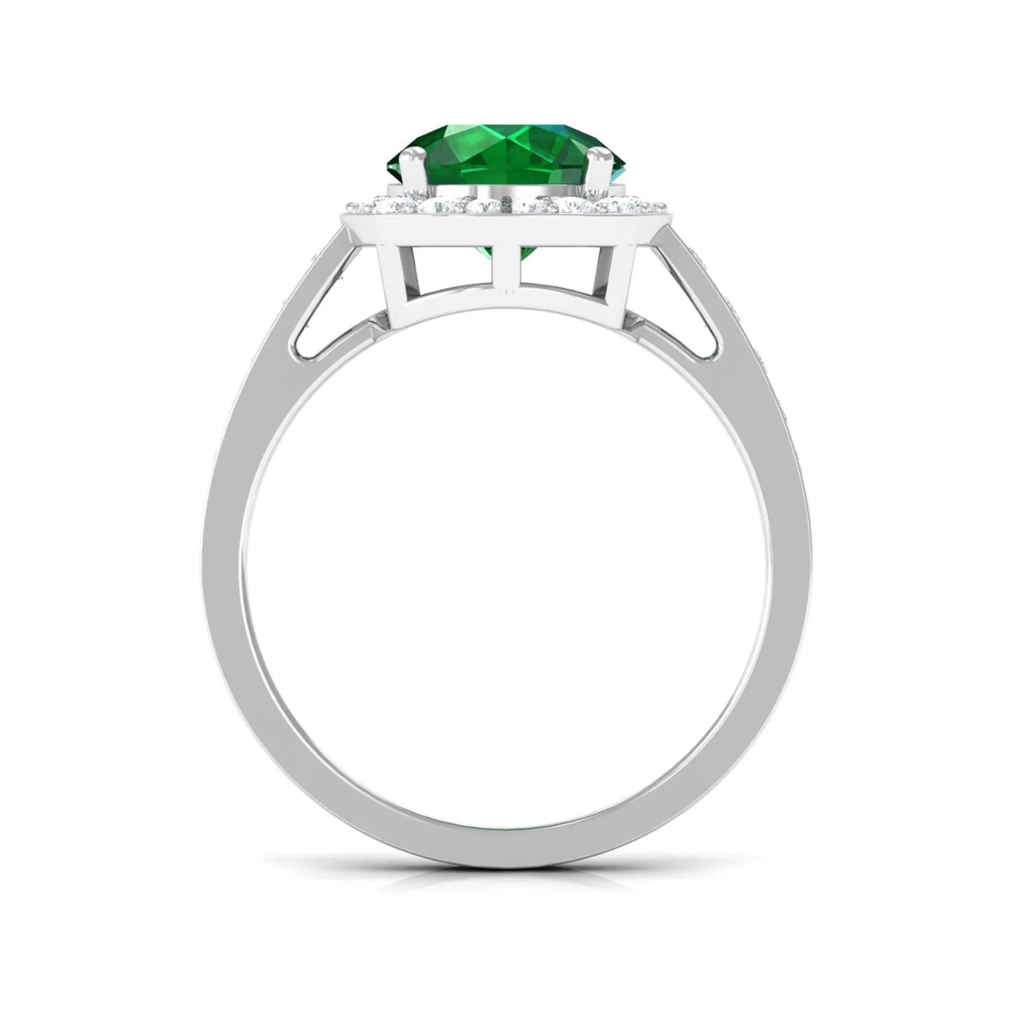Round Shape Created Emerald Classic Halo Engagement Ring with Diamond
