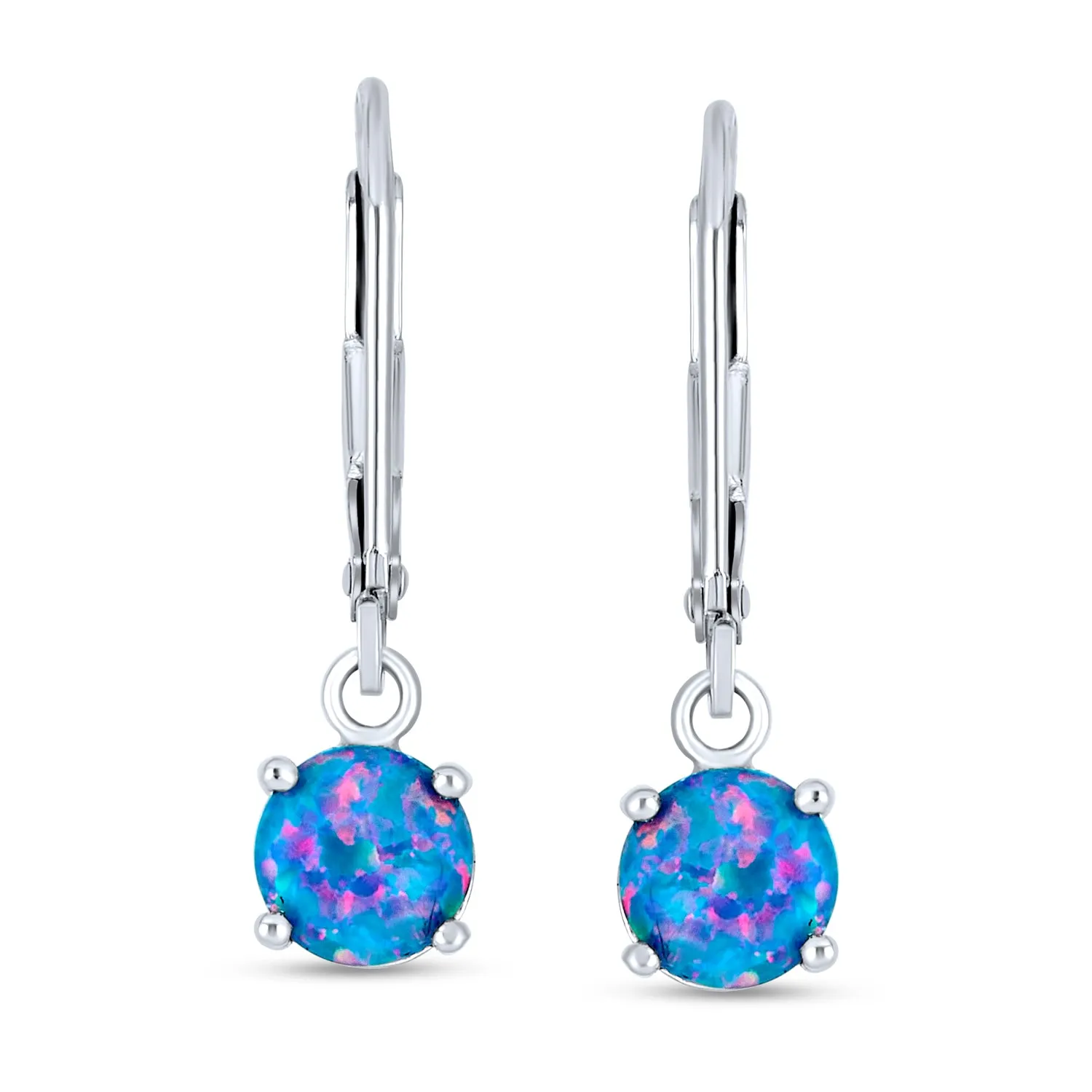 Round Solitaire Created Opal Dangle Gemstone Earrings Sterling Silver 8MM Birthstone