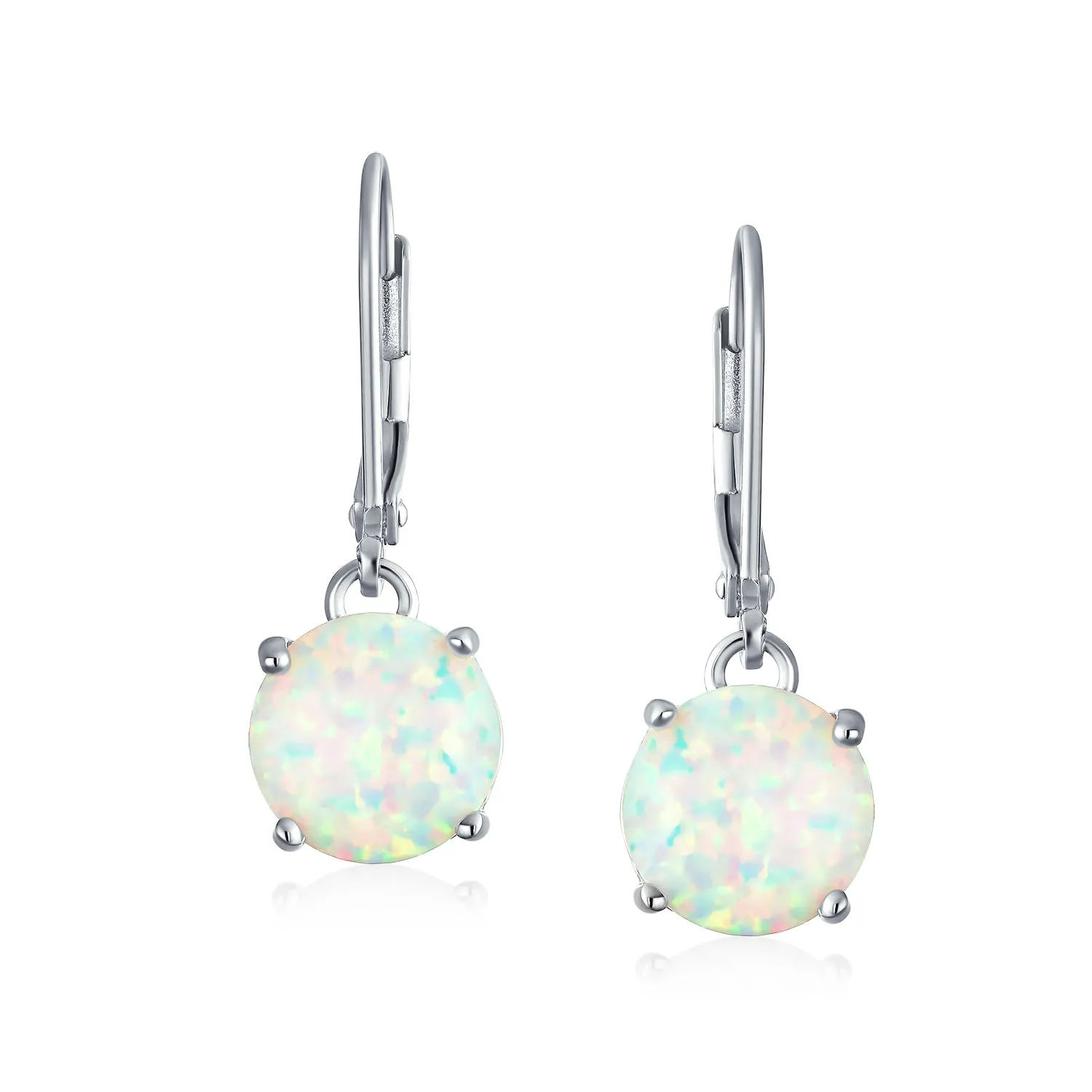 Round Solitaire Created Opal Dangle Gemstone Earrings Sterling Silver 8MM Birthstone