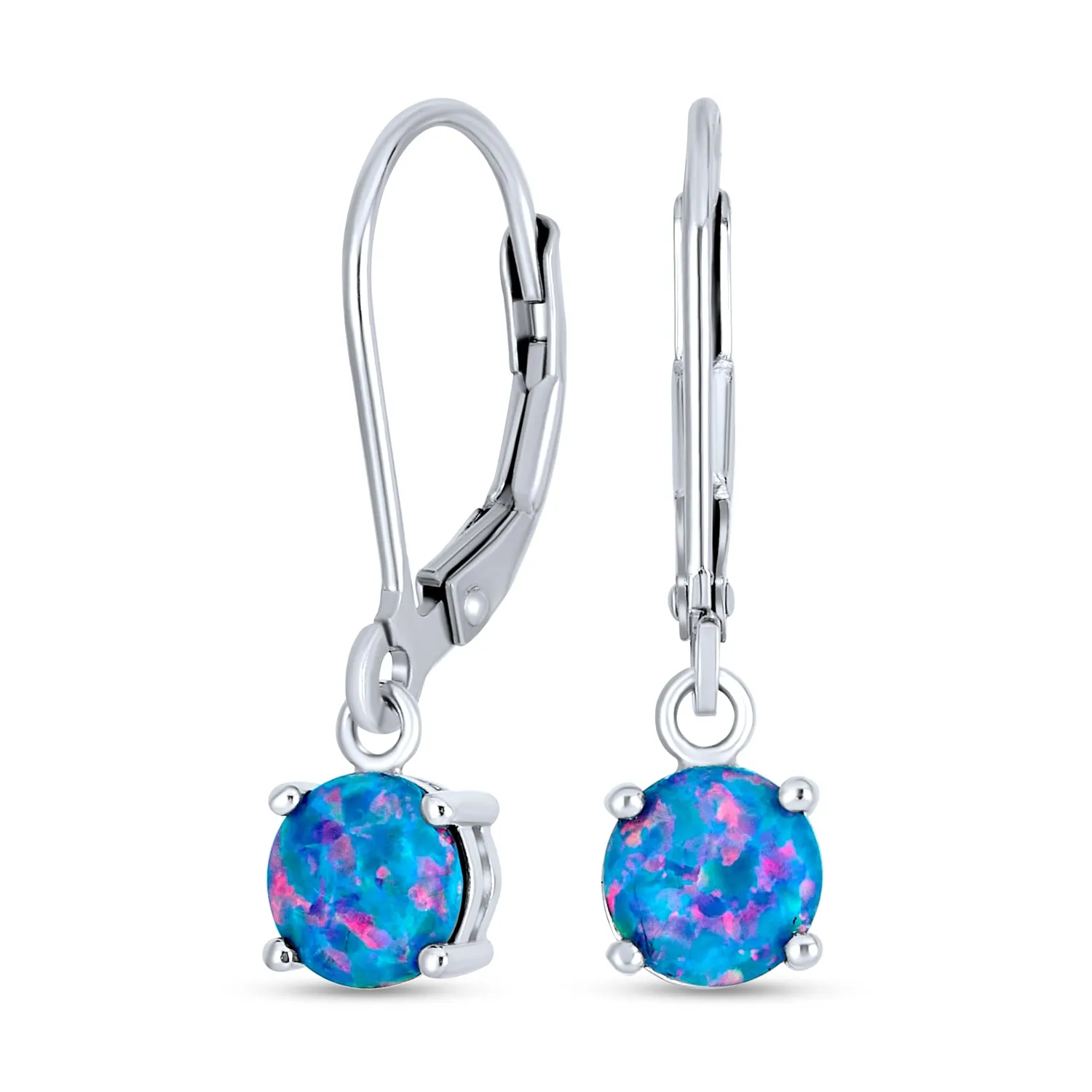 Round Solitaire Created Opal Dangle Gemstone Earrings Sterling Silver 8MM Birthstone
