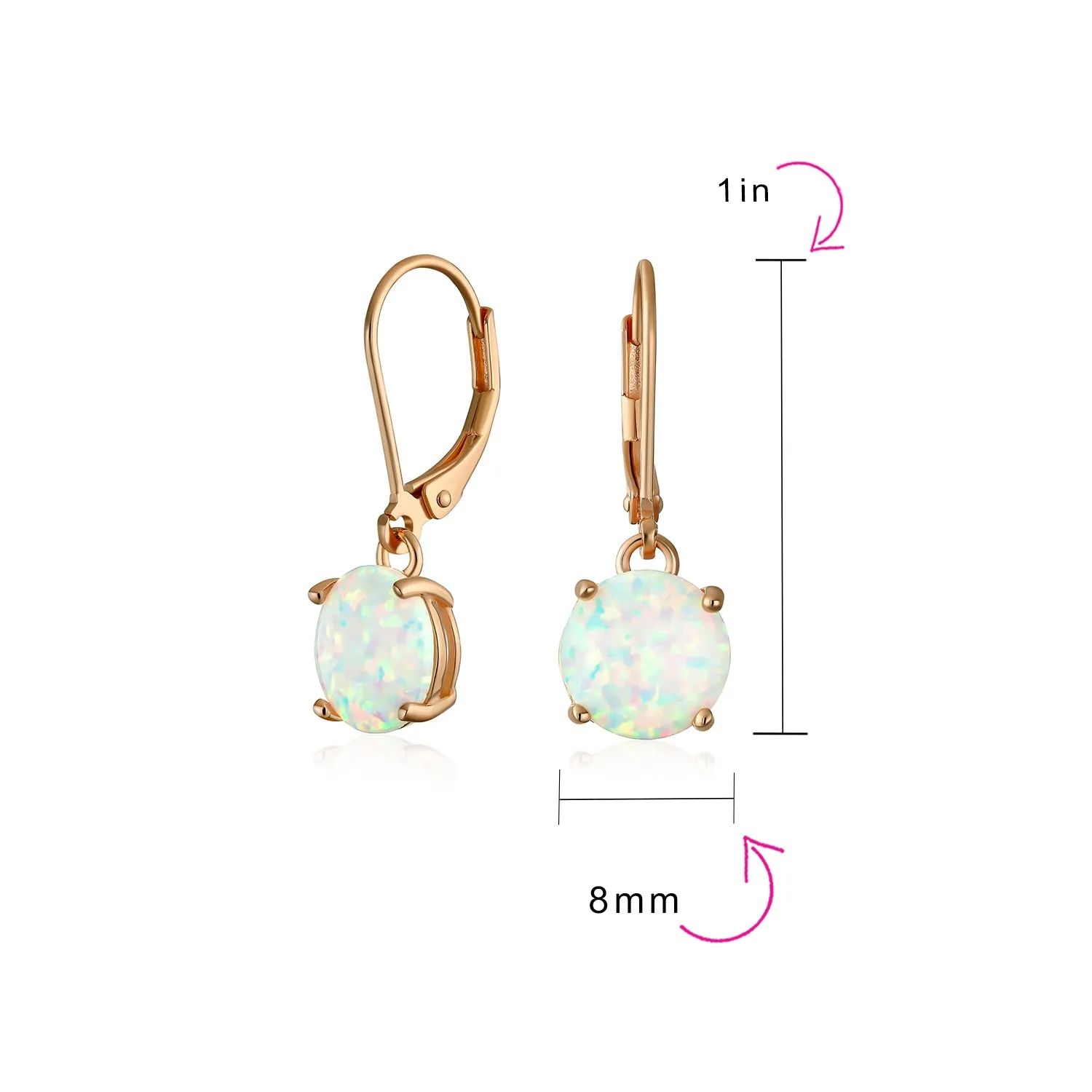 Round Solitaire Created Opal Dangle Gemstone Earrings Sterling Silver 8MM Birthstone