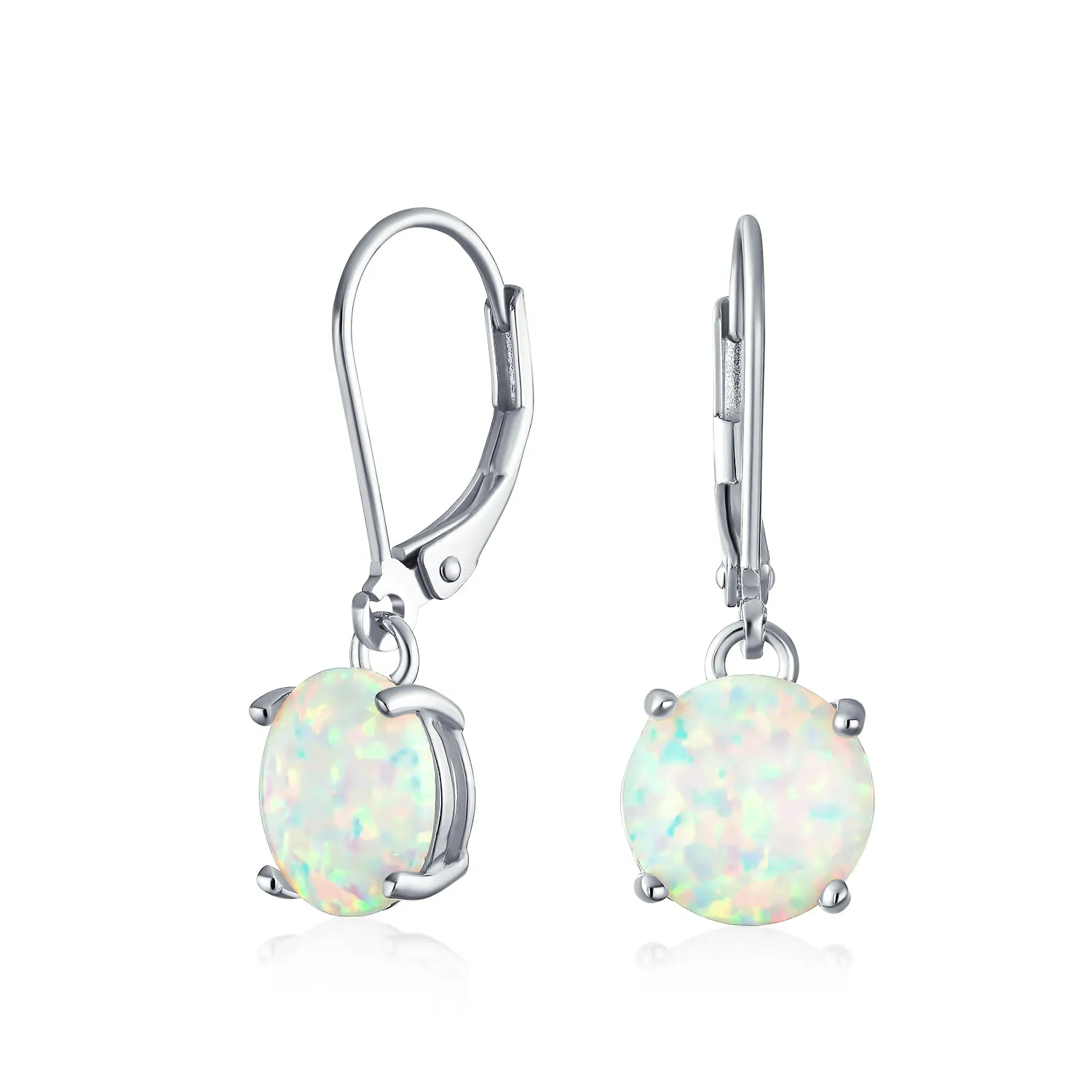 Round Solitaire Created Opal Dangle Gemstone Earrings Sterling Silver 8MM Birthstone