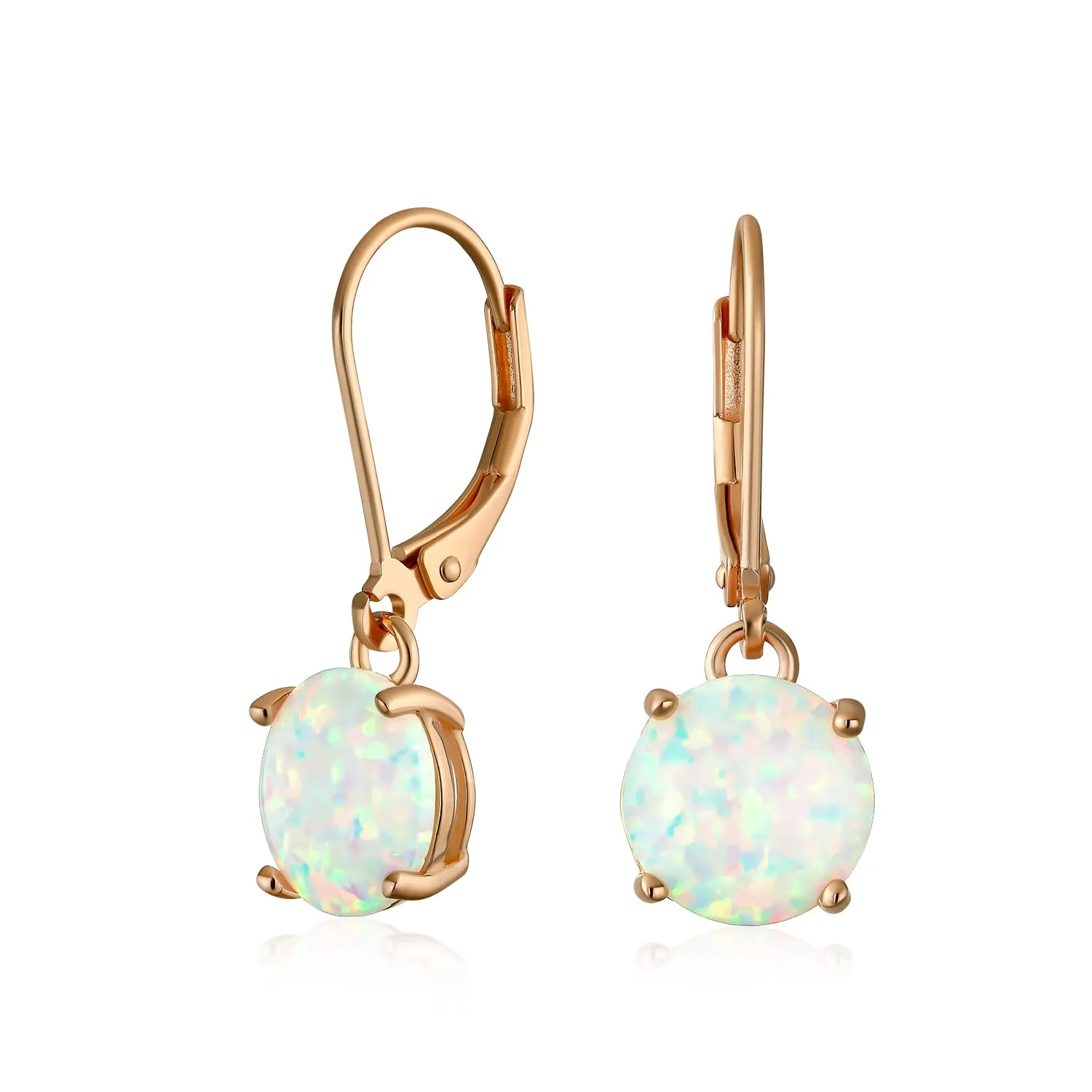Round Solitaire Created Opal Dangle Gemstone Earrings Sterling Silver 8MM Birthstone