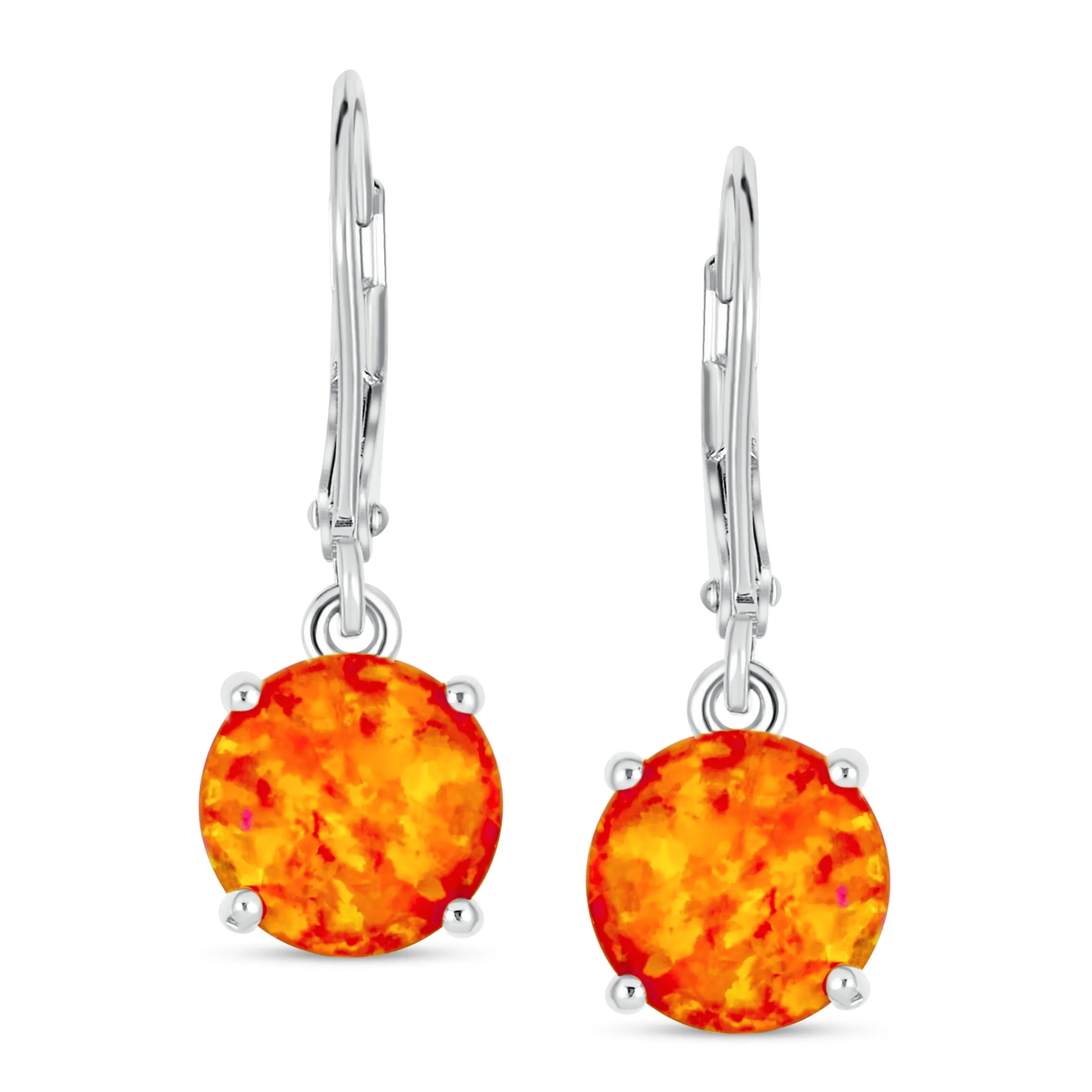 Round Solitaire Created Opal Dangle Gemstone Earrings Sterling Silver 8MM Birthstone
