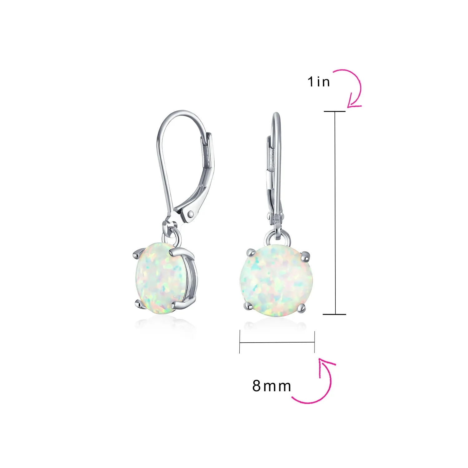 Round Solitaire Created Opal Dangle Gemstone Earrings Sterling Silver 8MM Birthstone
