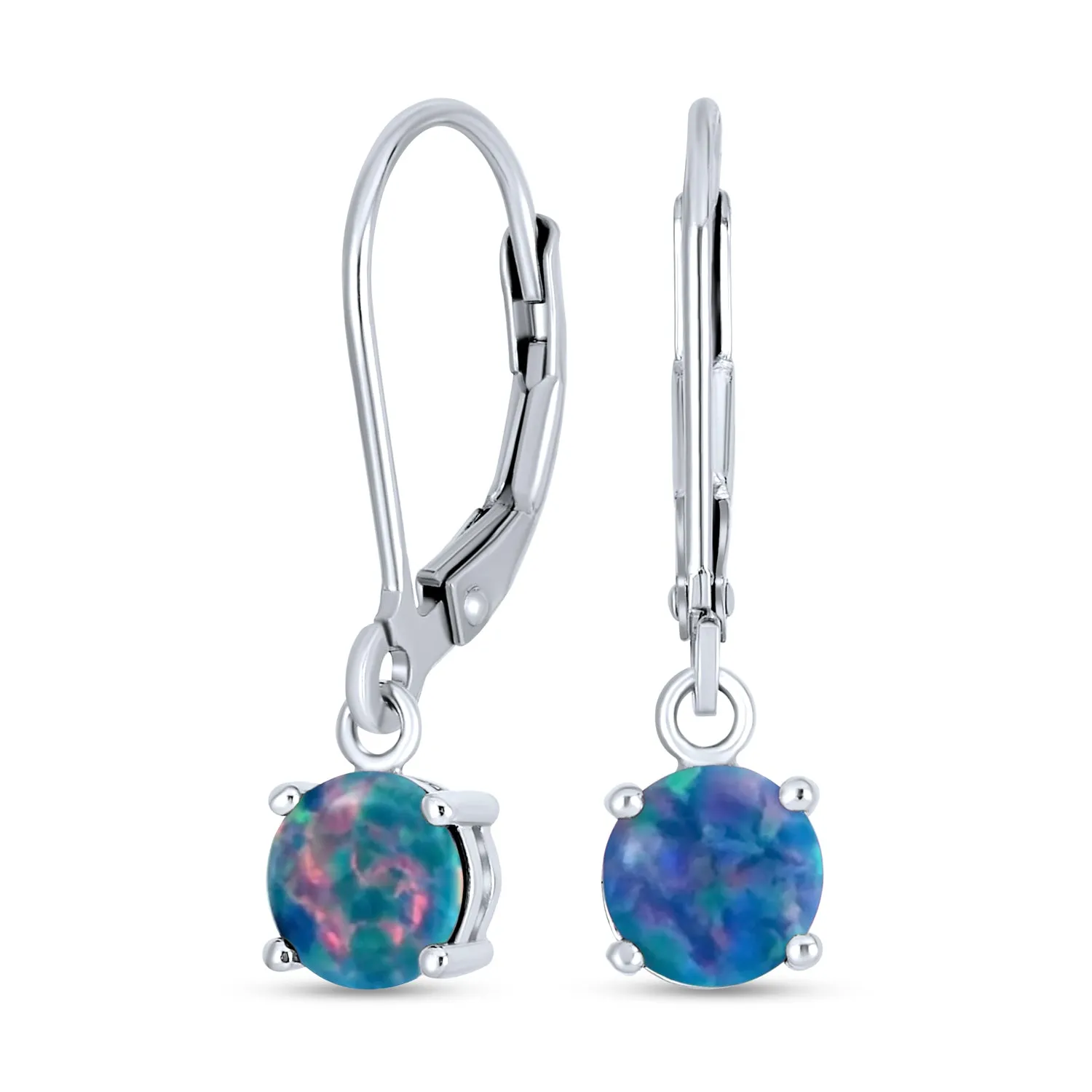 Round Solitaire Created Opal Dangle Gemstone Earrings Sterling Silver 8MM Birthstone