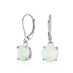 Round Solitaire Created Opal Dangle Gemstone Earrings Sterling Silver 8MM Birthstone