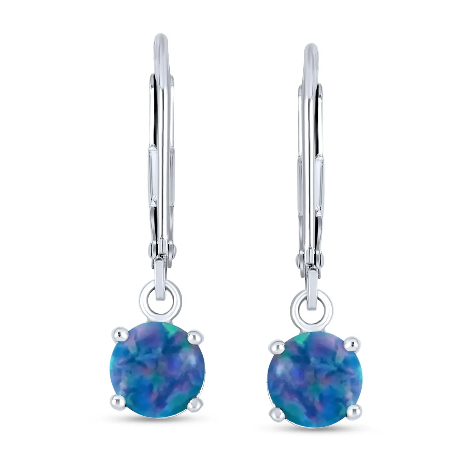 Round Solitaire Created Opal Dangle Gemstone Earrings Sterling Silver 8MM Birthstone
