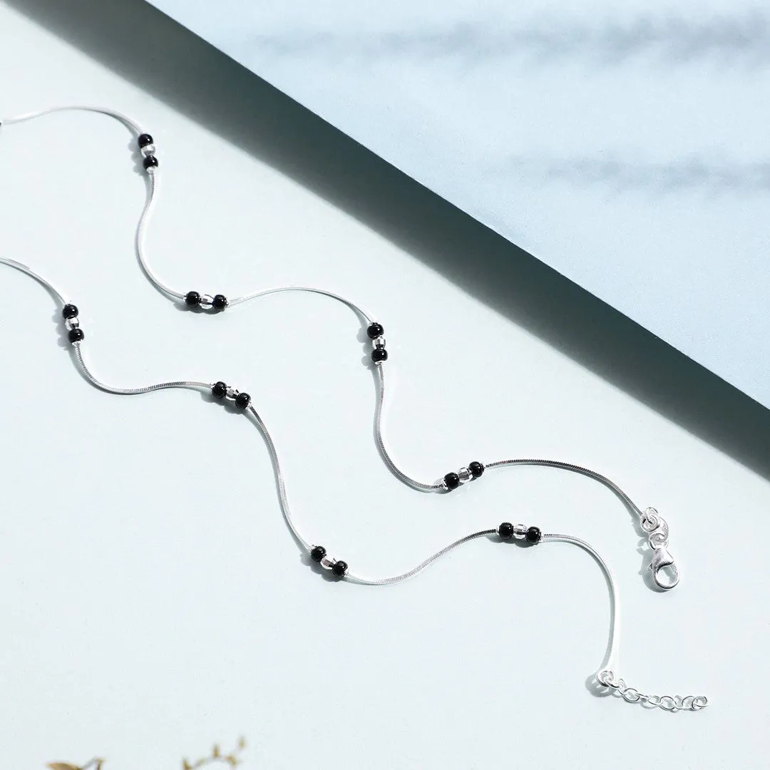 Shimmering Harmony: Rhodium-Plated Sterling Silver Anklet with Beaded Accents