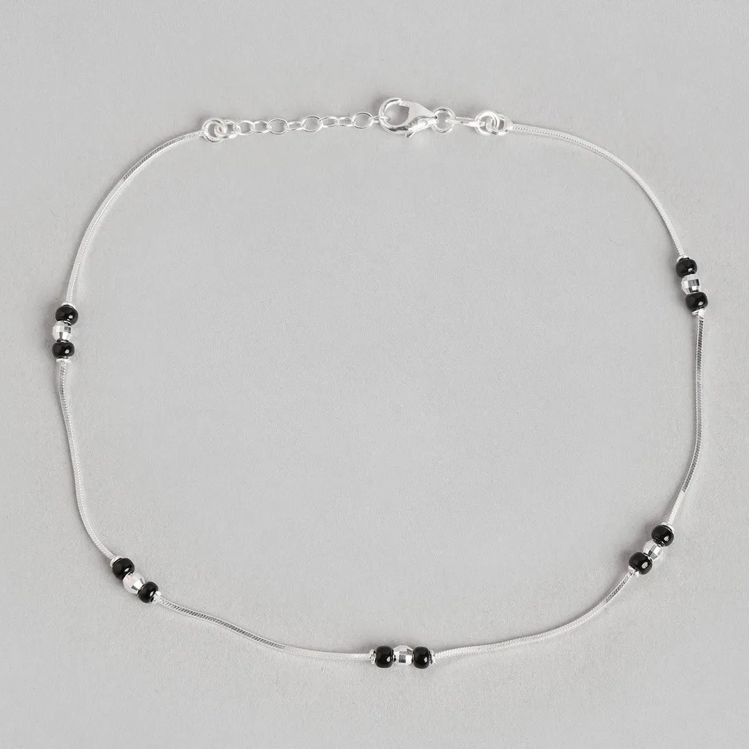 Shimmering Harmony: Rhodium-Plated Sterling Silver Anklet with Beaded Accents