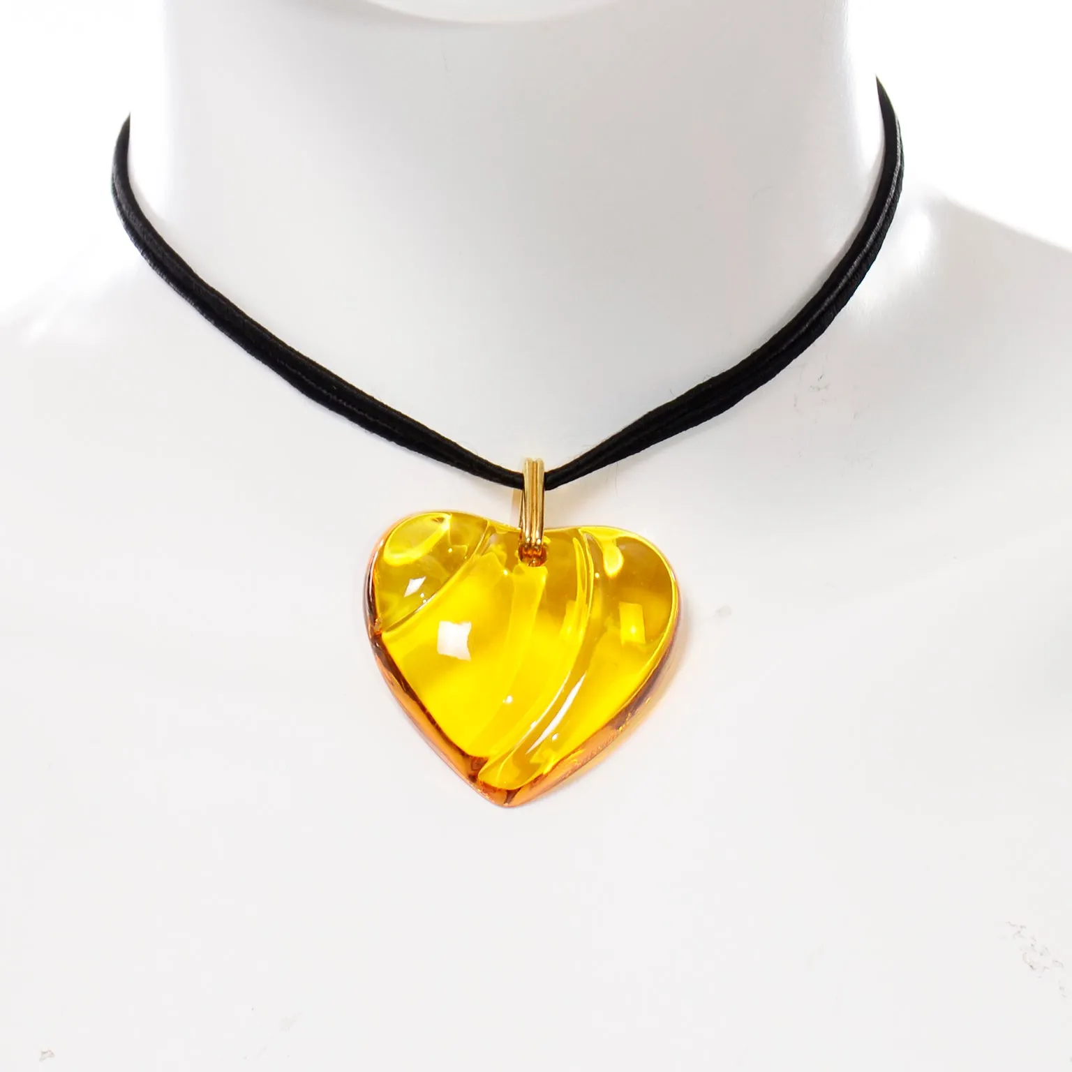 Signed Vintage Baccarat Pendant Amber Crystal Heart necklace
