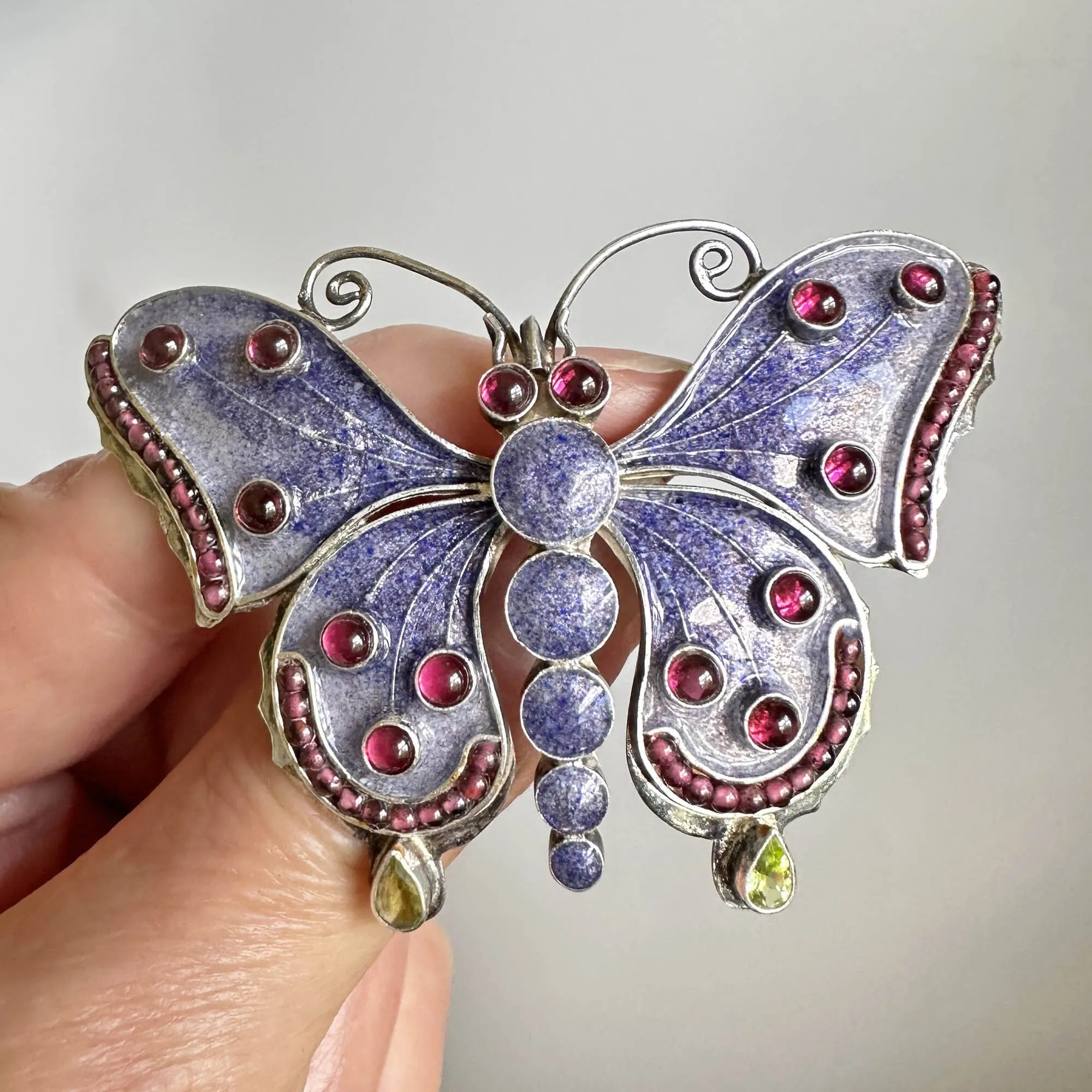 Silver Garnet Cabochon Peridot Enamel Butterfly Brooch