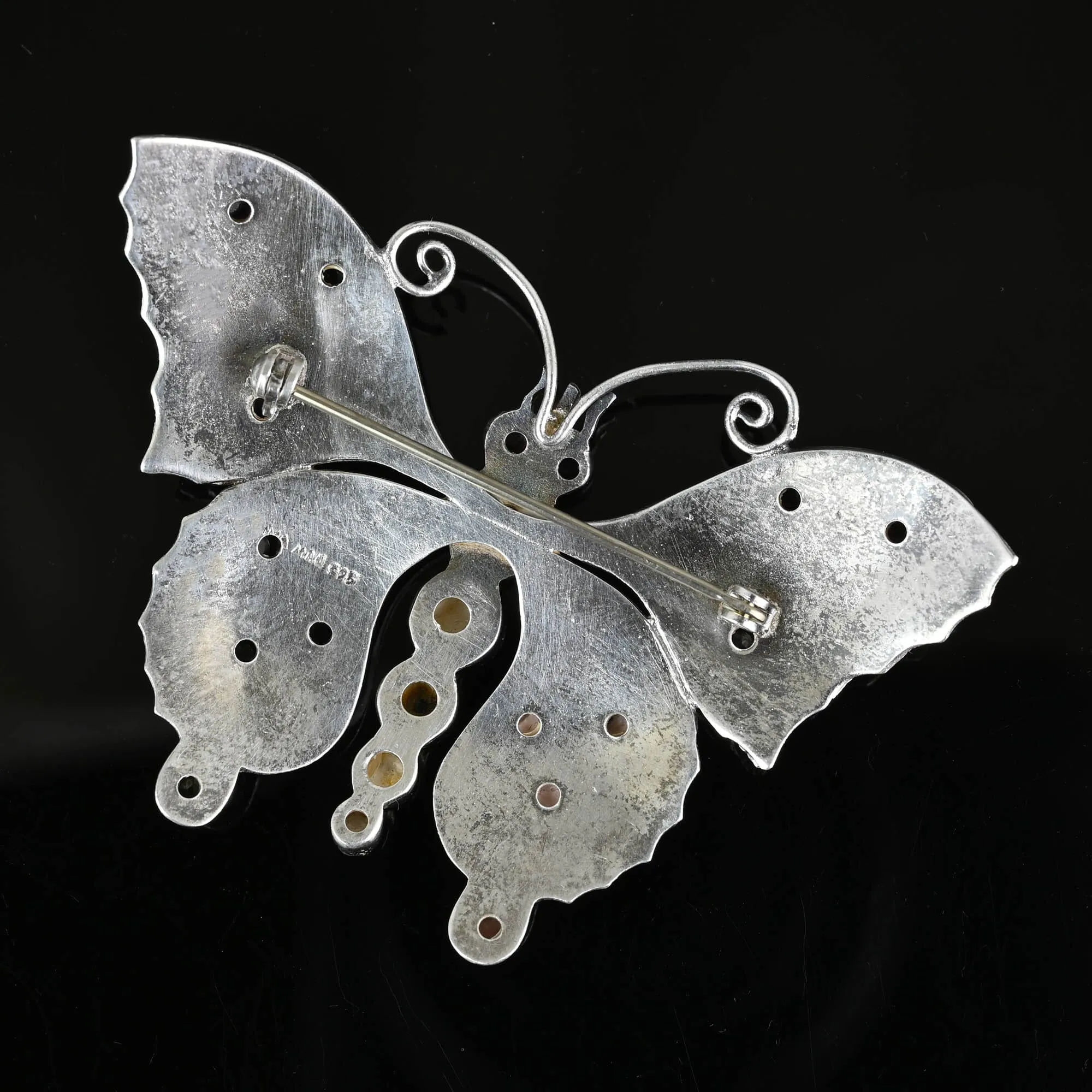 Silver Garnet Cabochon Peridot Enamel Butterfly Brooch