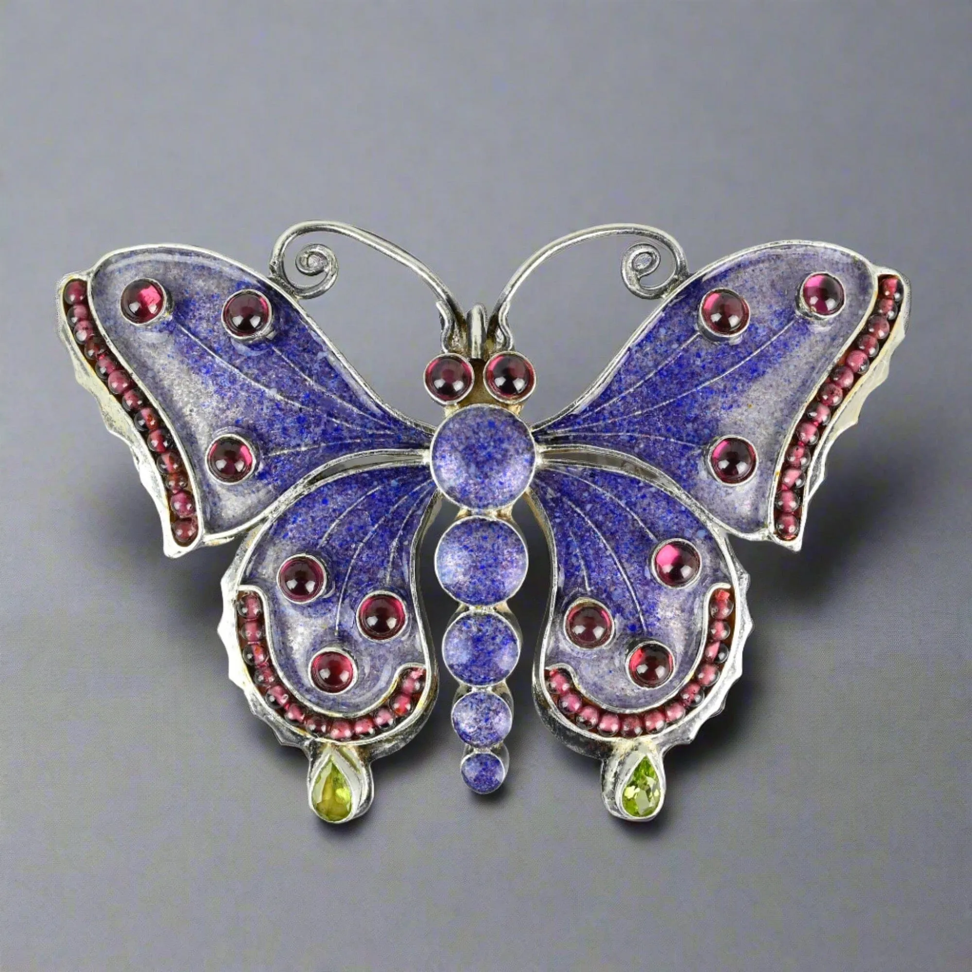Silver Garnet Cabochon Peridot Enamel Butterfly Brooch